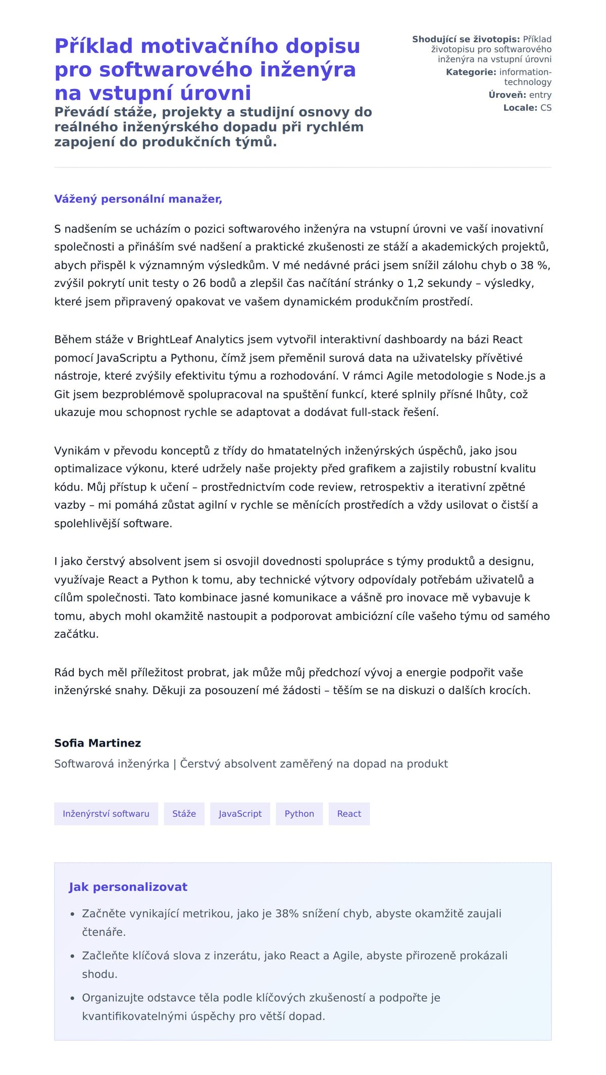 Náhled motivačního dopisu pro Příklad motivačního dopisu pro softwarového inženýra na vstupní úrovni