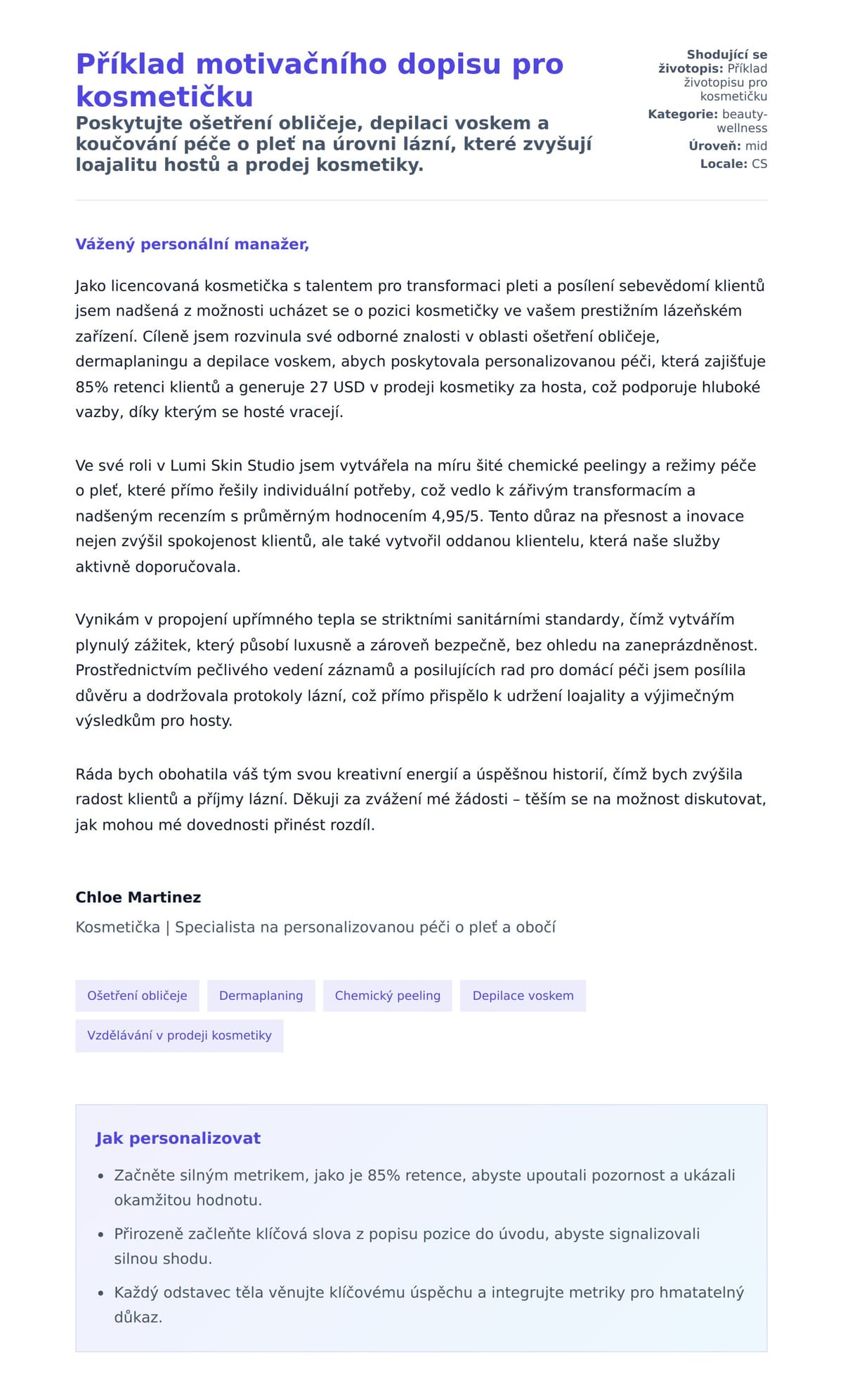 Náhled motivačního dopisu pro Příklad motivačního dopisu pro kosmetičku
