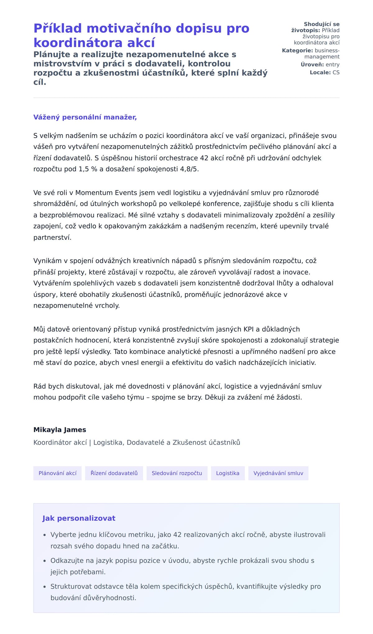 Náhled motivačního dopisu pro Příklad motivačního dopisu pro koordinátora akcí