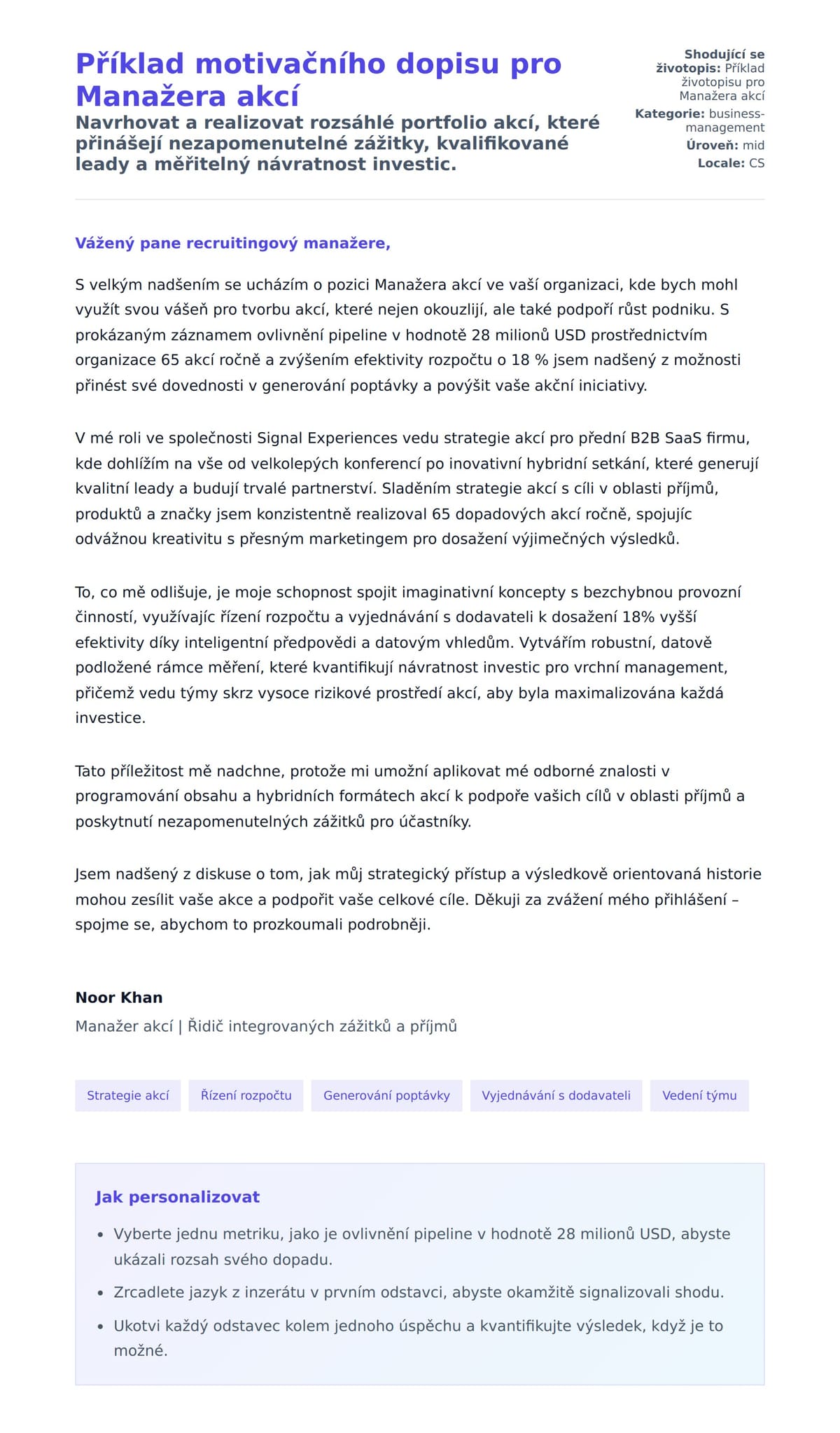 Náhled motivačního dopisu pro Příklad motivačního dopisu pro Manažera akcí