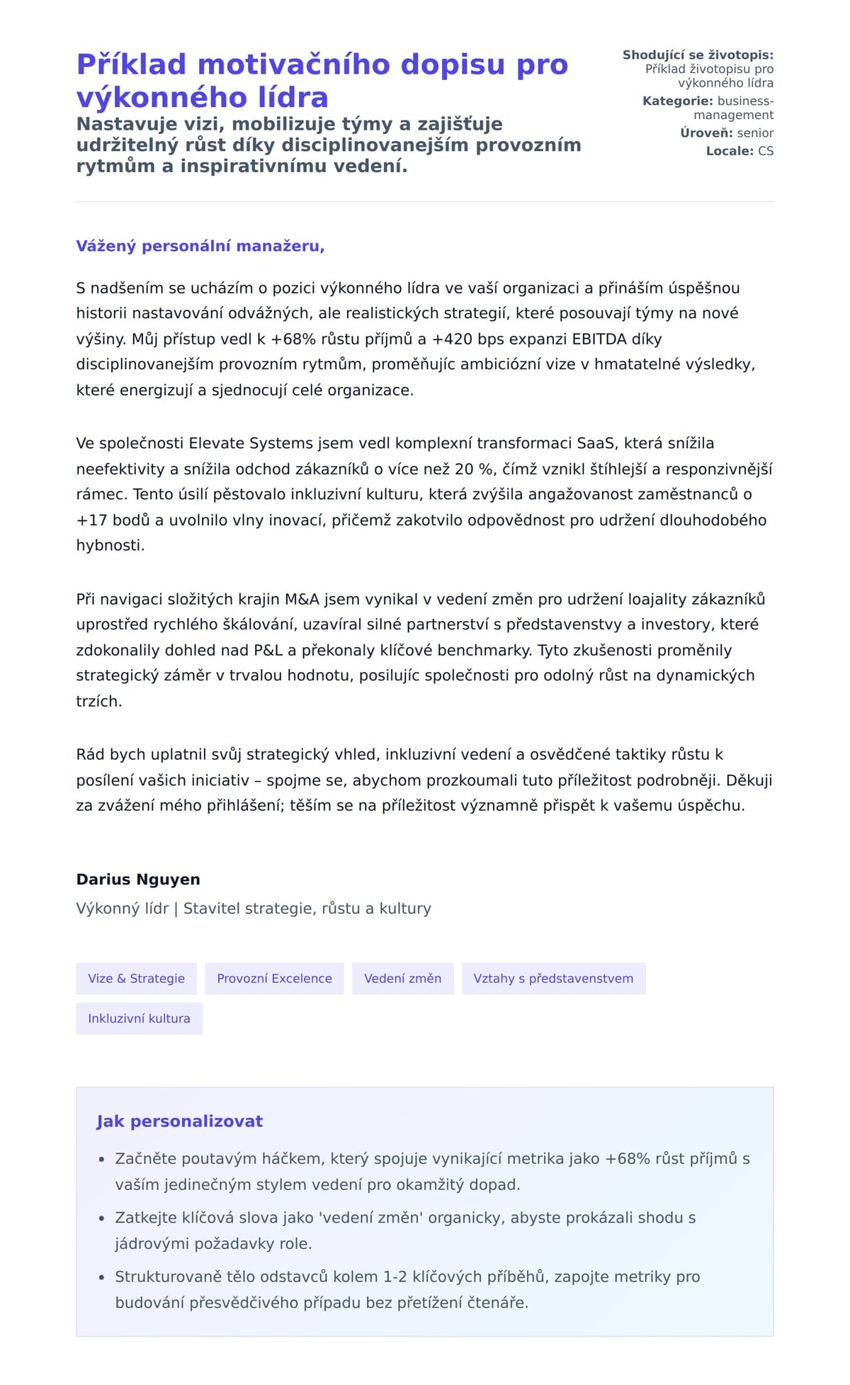 Náhled motivačního dopisu pro Příklad motivačního dopisu pro výkonného lídra