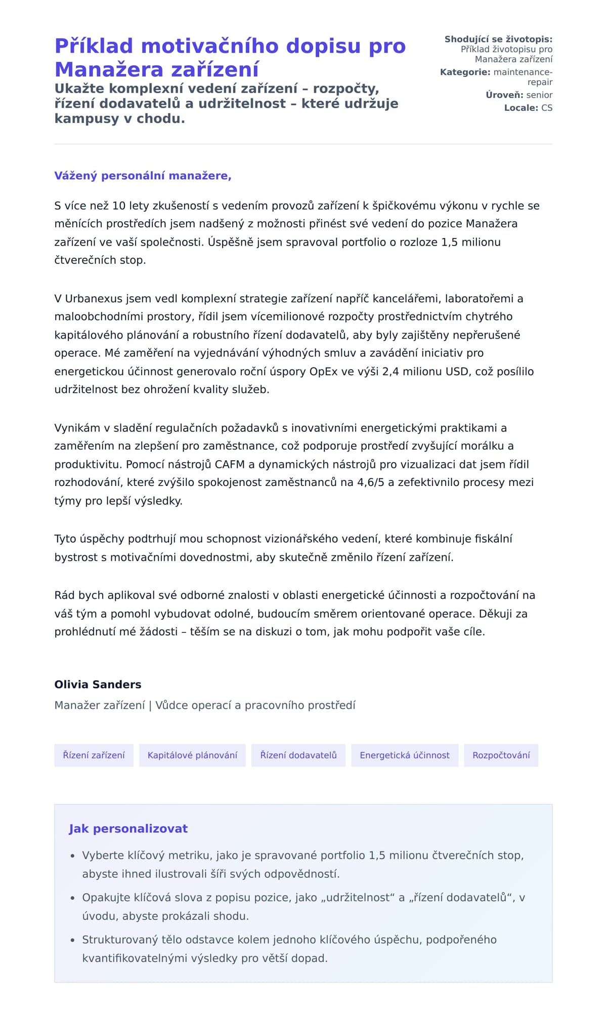 Náhled motivačního dopisu pro Příklad motivačního dopisu pro Manažera zařízení