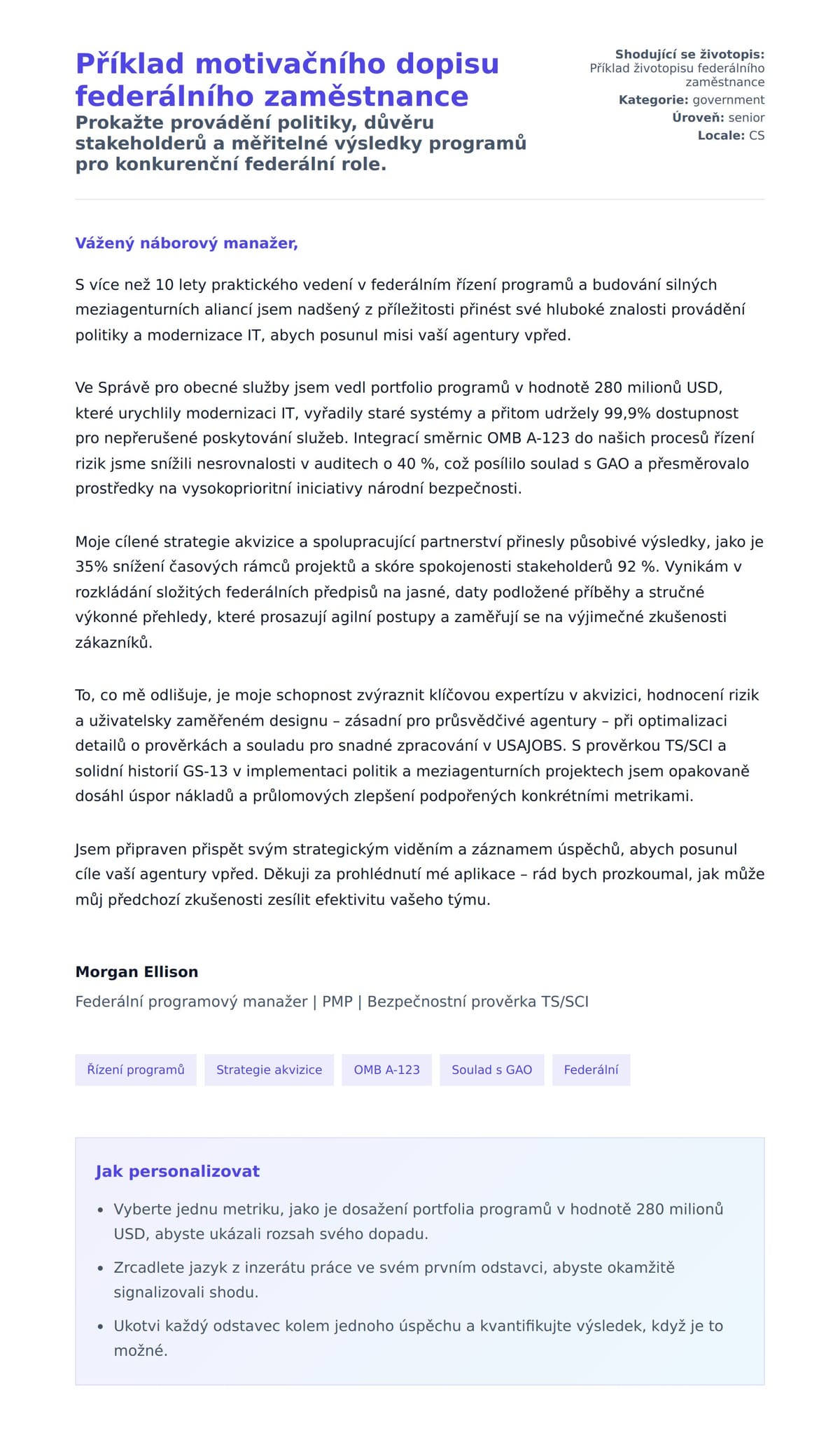 Náhled motivačního dopisu pro Příklad motivačního dopisu federálního zaměstnance