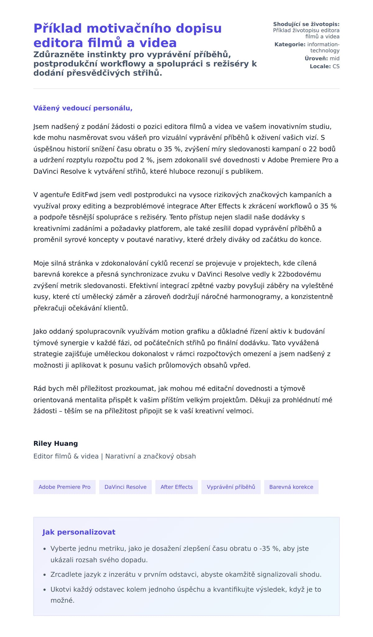 Náhled motivačního dopisu pro Příklad motivačního dopisu editora filmů a videa