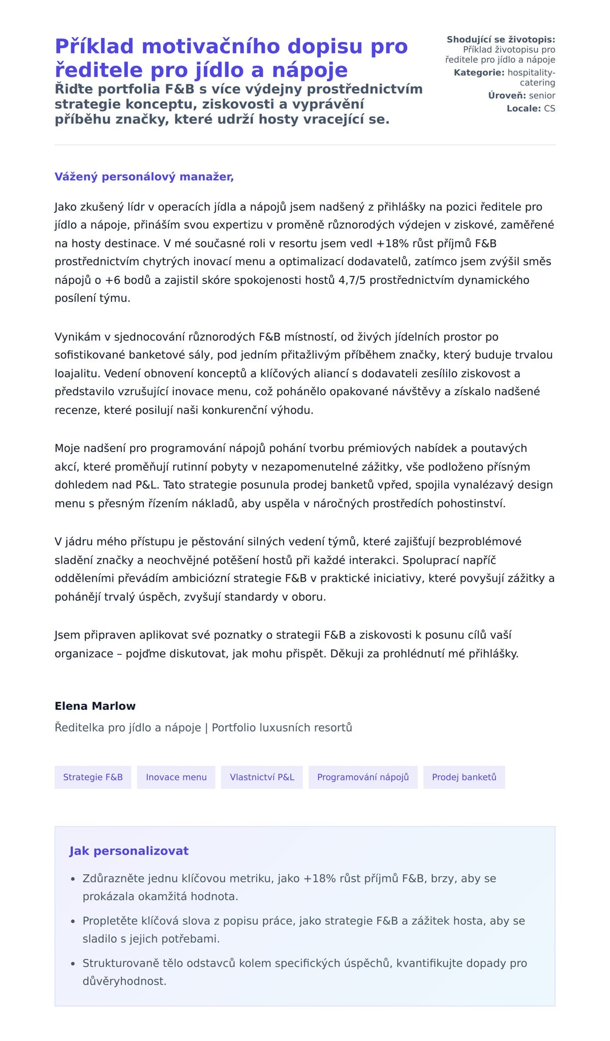 Náhled motivačního dopisu pro Příklad motivačního dopisu pro ředitele pro jídlo a nápoje