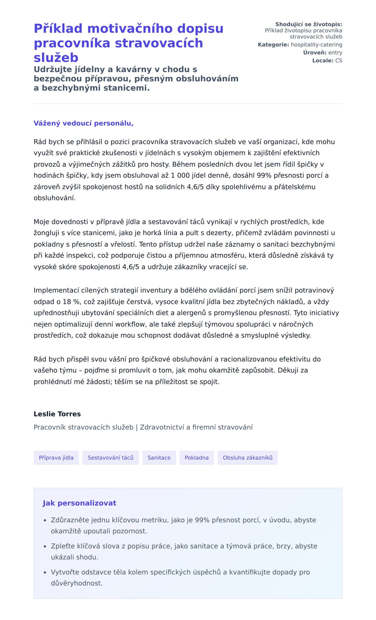 Náhled motivačního dopisu pro Příklad motivačního dopisu pracovníka stravovacích služeb