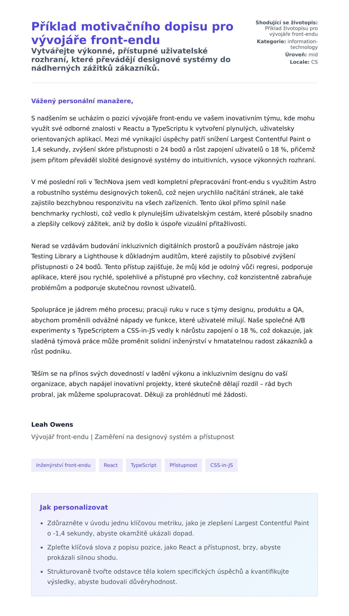 Náhled motivačního dopisu pro Příklad motivačního dopisu pro vývojáře front-endu