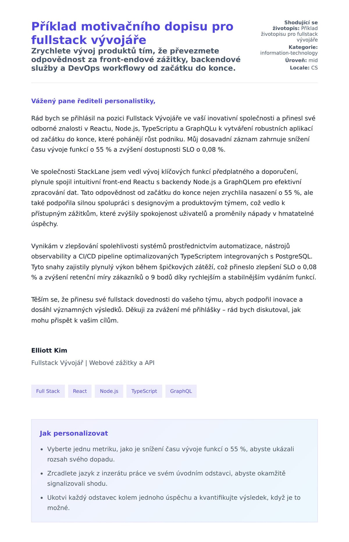 Náhled motivačního dopisu pro Příklad motivačního dopisu pro fullstack vývojáře