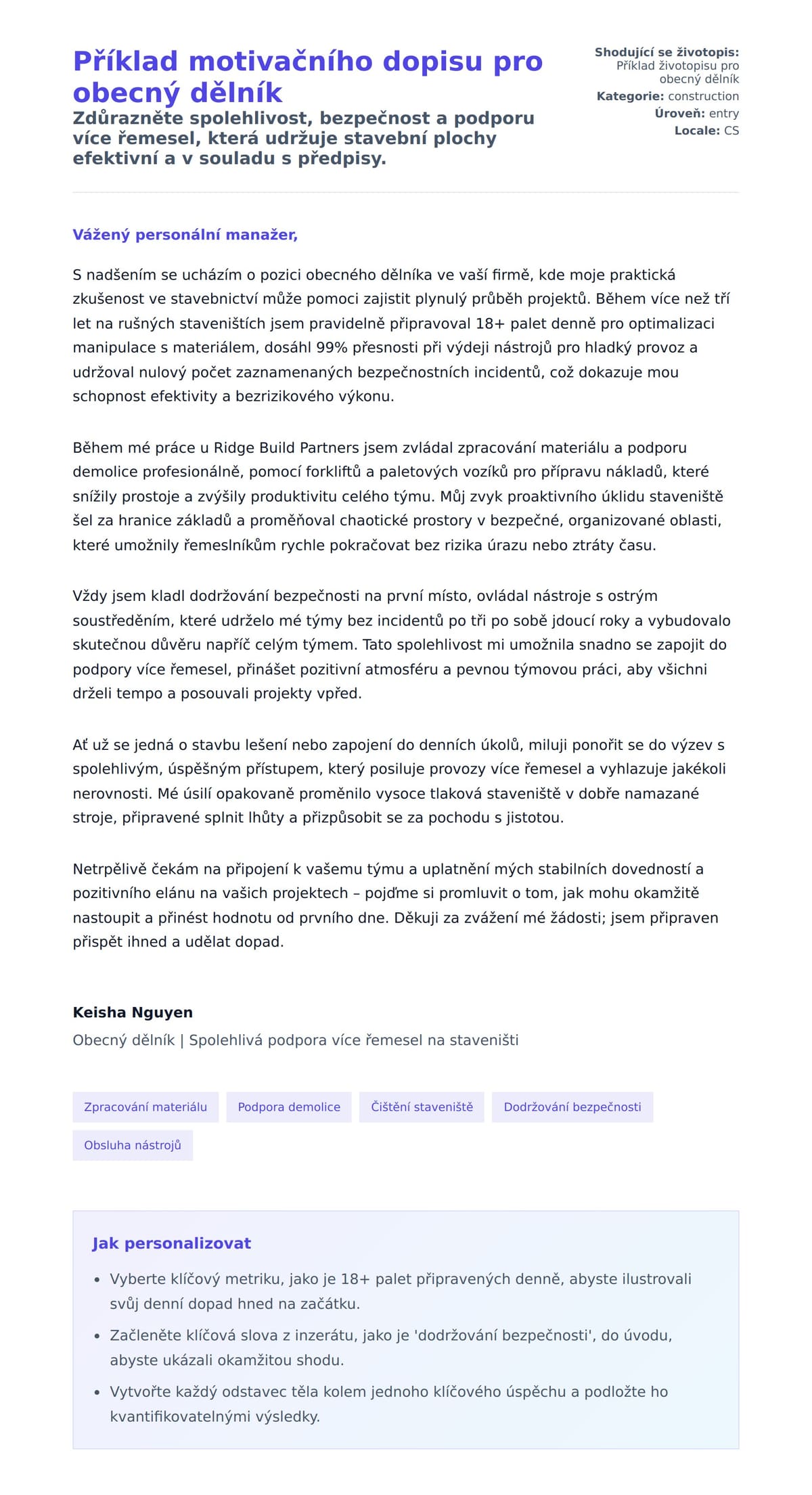 Náhled motivačního dopisu pro Příklad motivačního dopisu pro obecný dělník