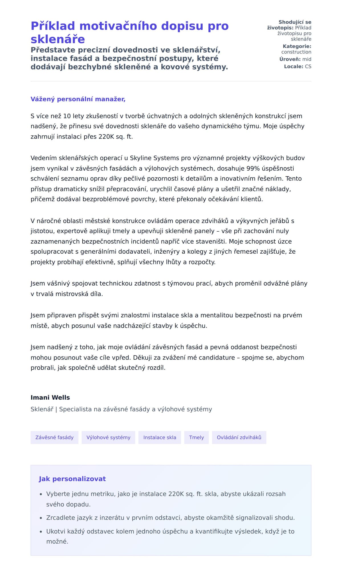 Náhled motivačního dopisu pro Příklad motivačního dopisu pro sklenáře