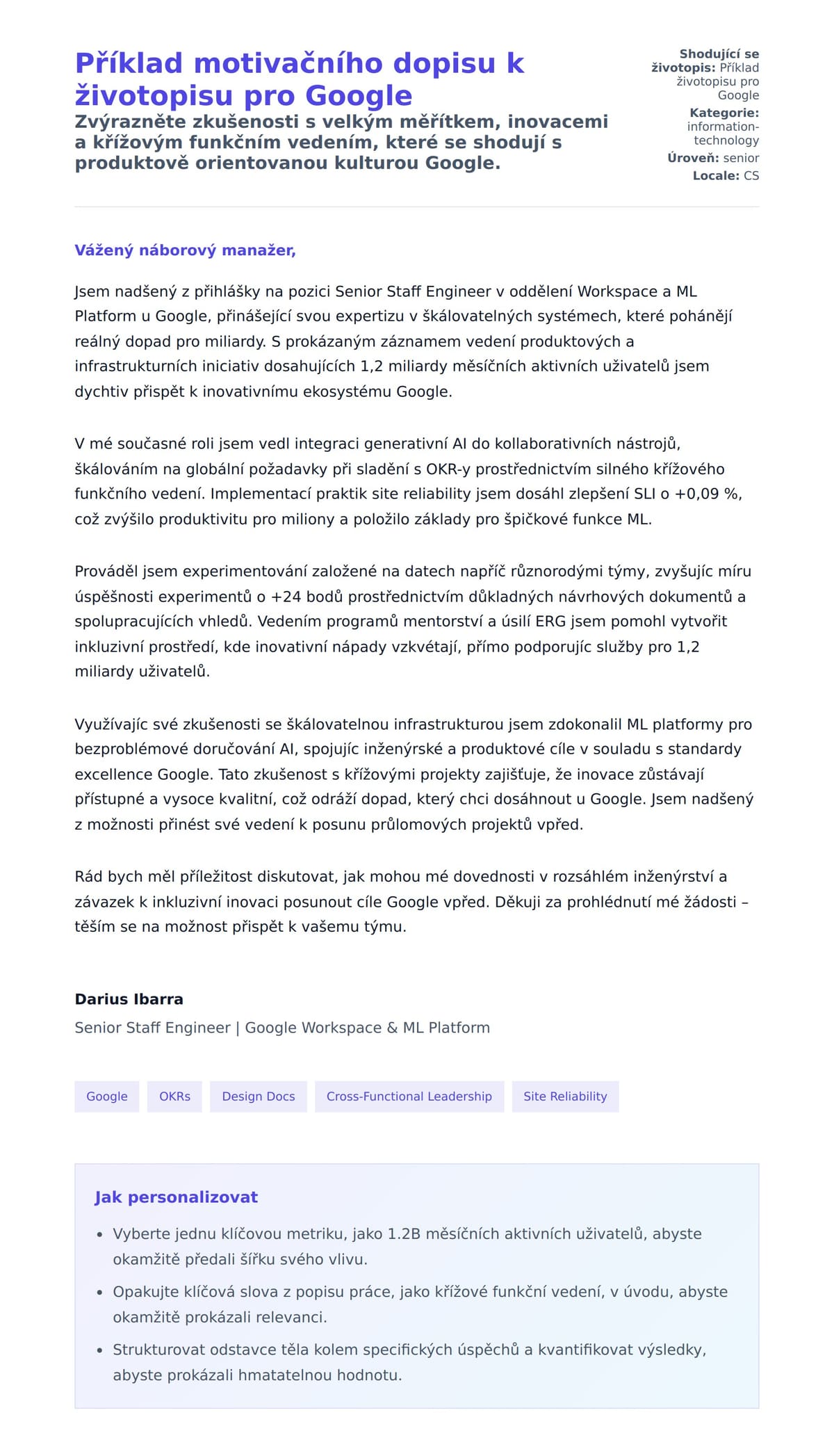 Náhled motivačního dopisu pro Příklad motivačního dopisu k životopisu pro Google