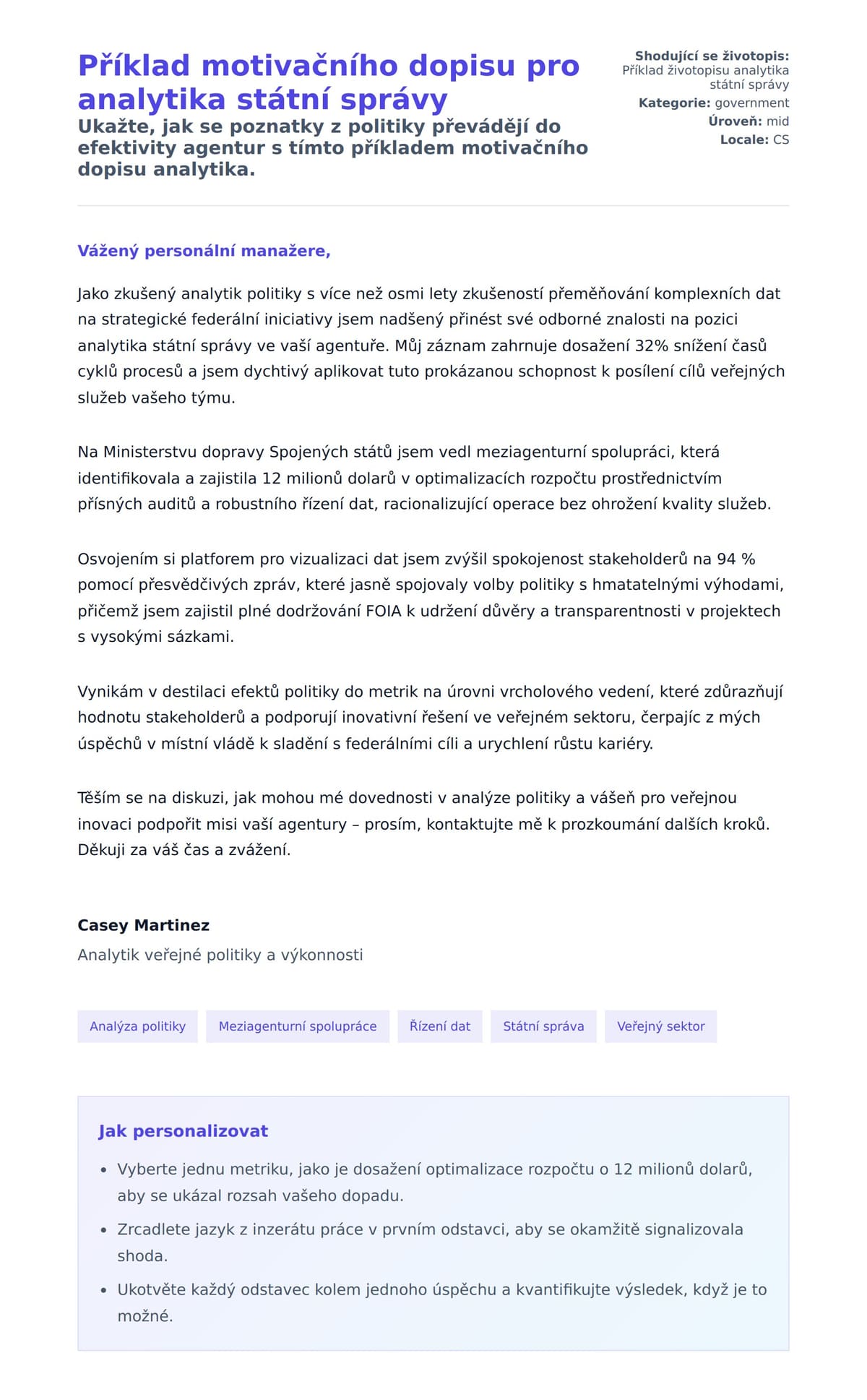 Náhled motivačního dopisu pro Příklad motivačního dopisu pro analytika státní správy