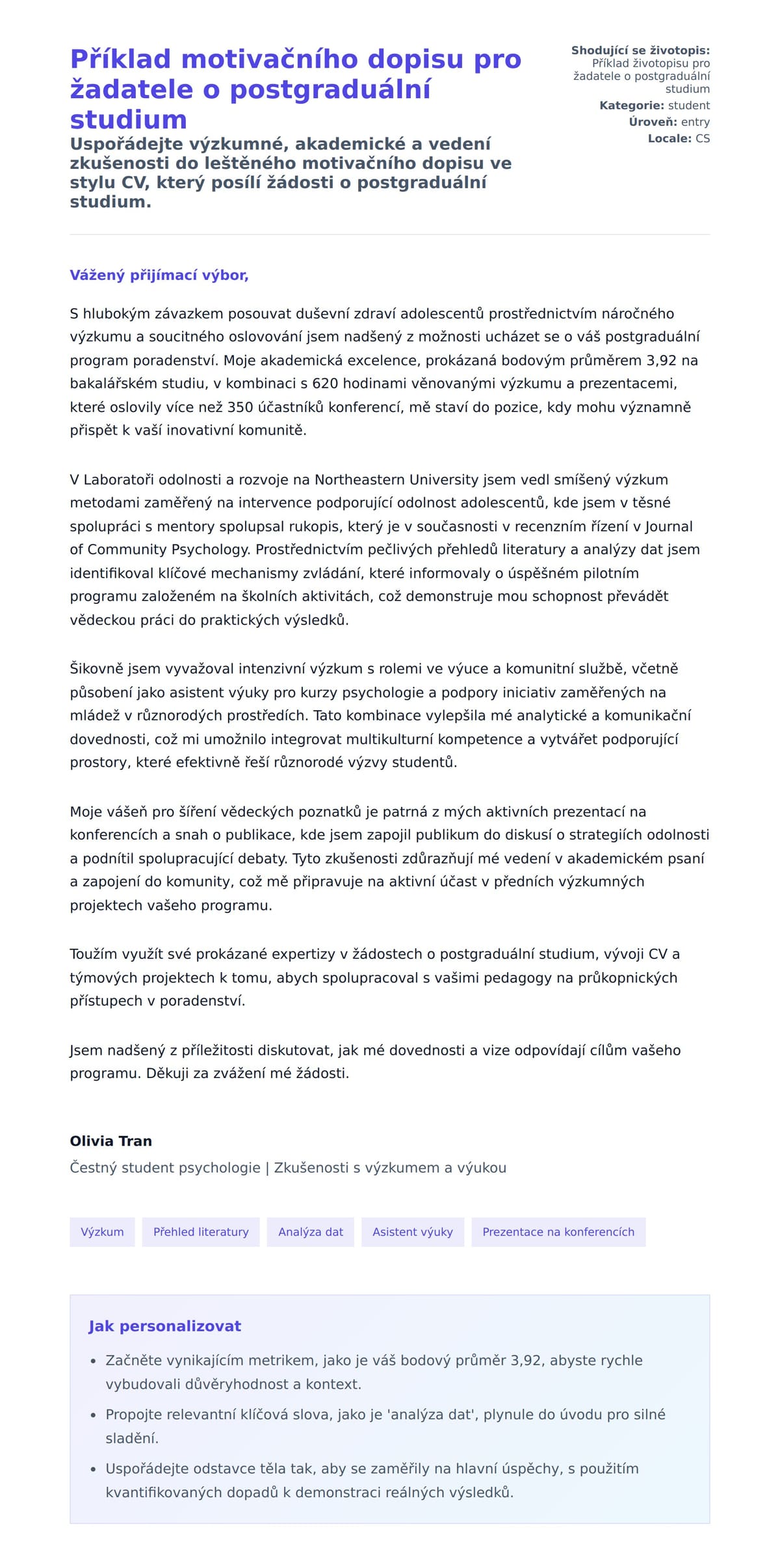 Náhled motivačního dopisu pro Příklad motivačního dopisu pro žadatele o postgraduální studium