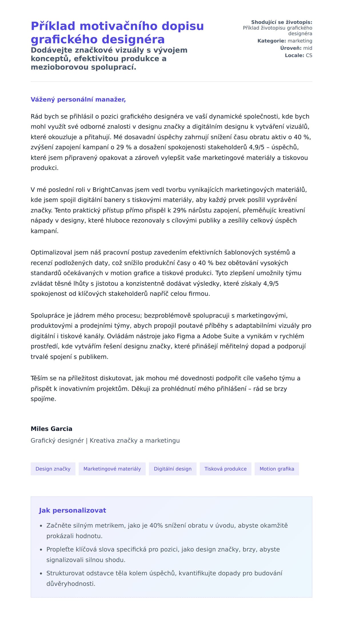 Náhled motivačního dopisu pro Příklad motivačního dopisu grafického designéra