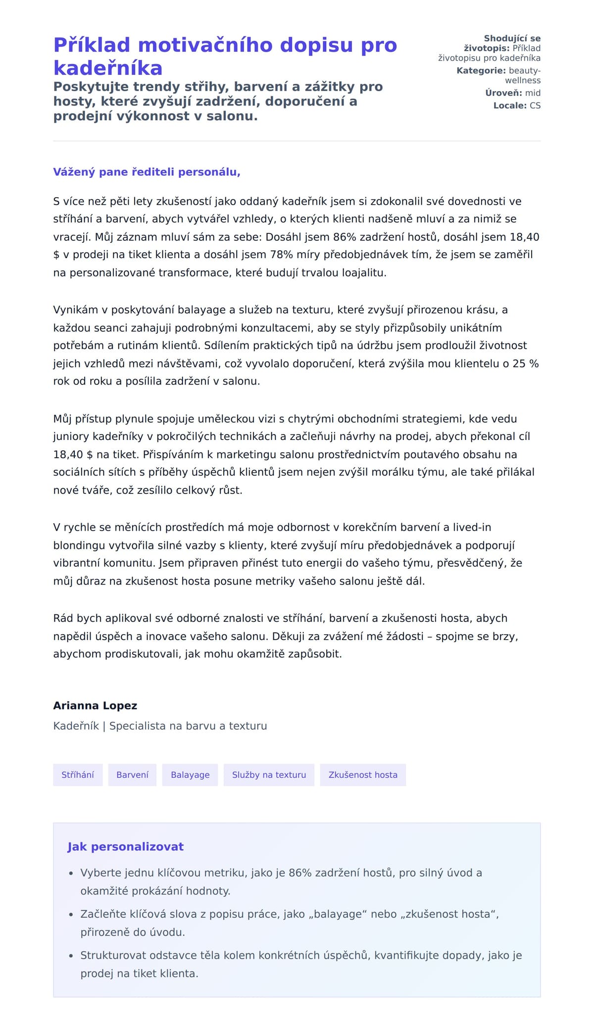 Náhled motivačního dopisu pro Příklad motivačního dopisu pro kadeřníka