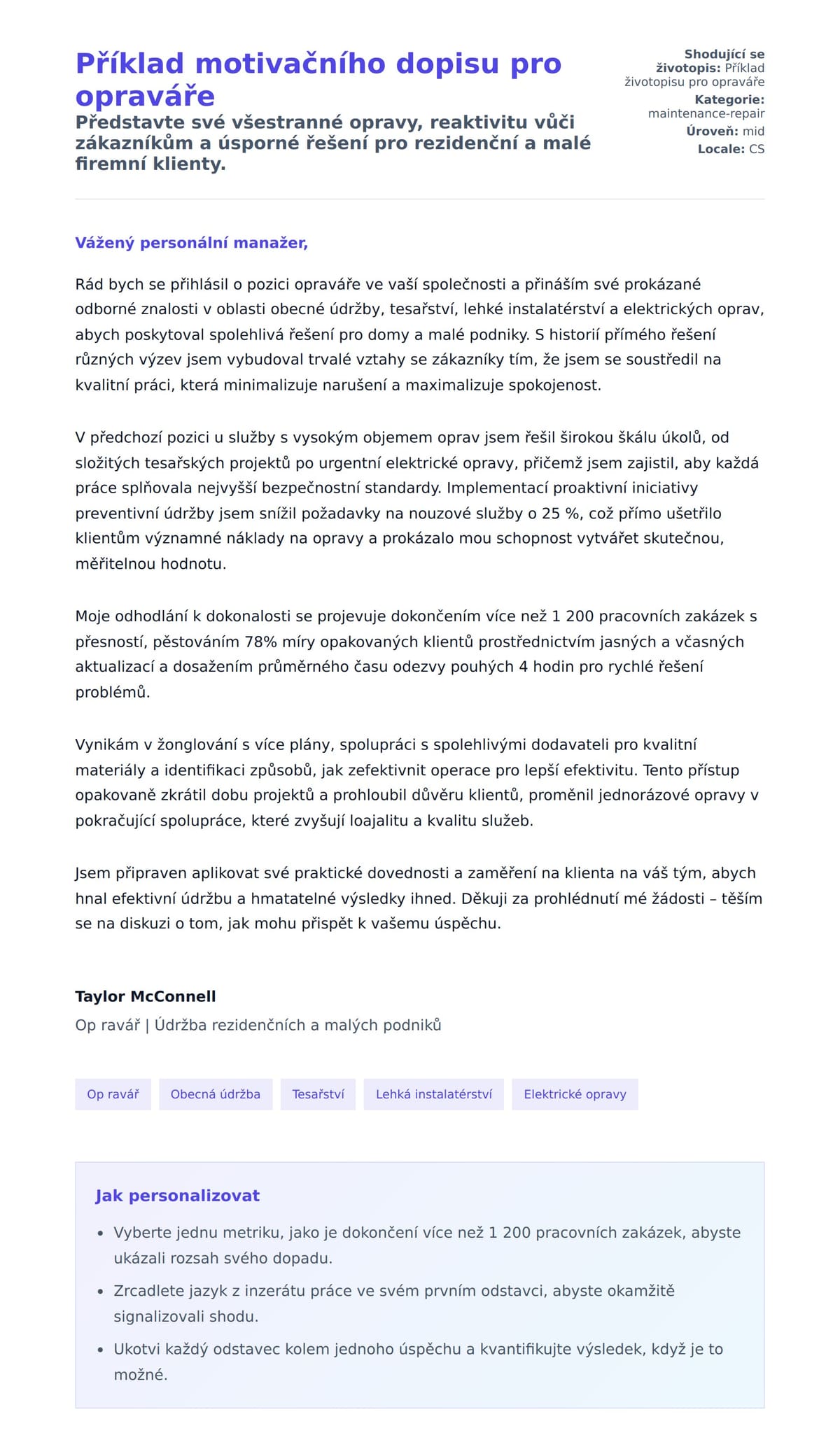 Náhled motivačního dopisu pro Příklad motivačního dopisu pro opraváře