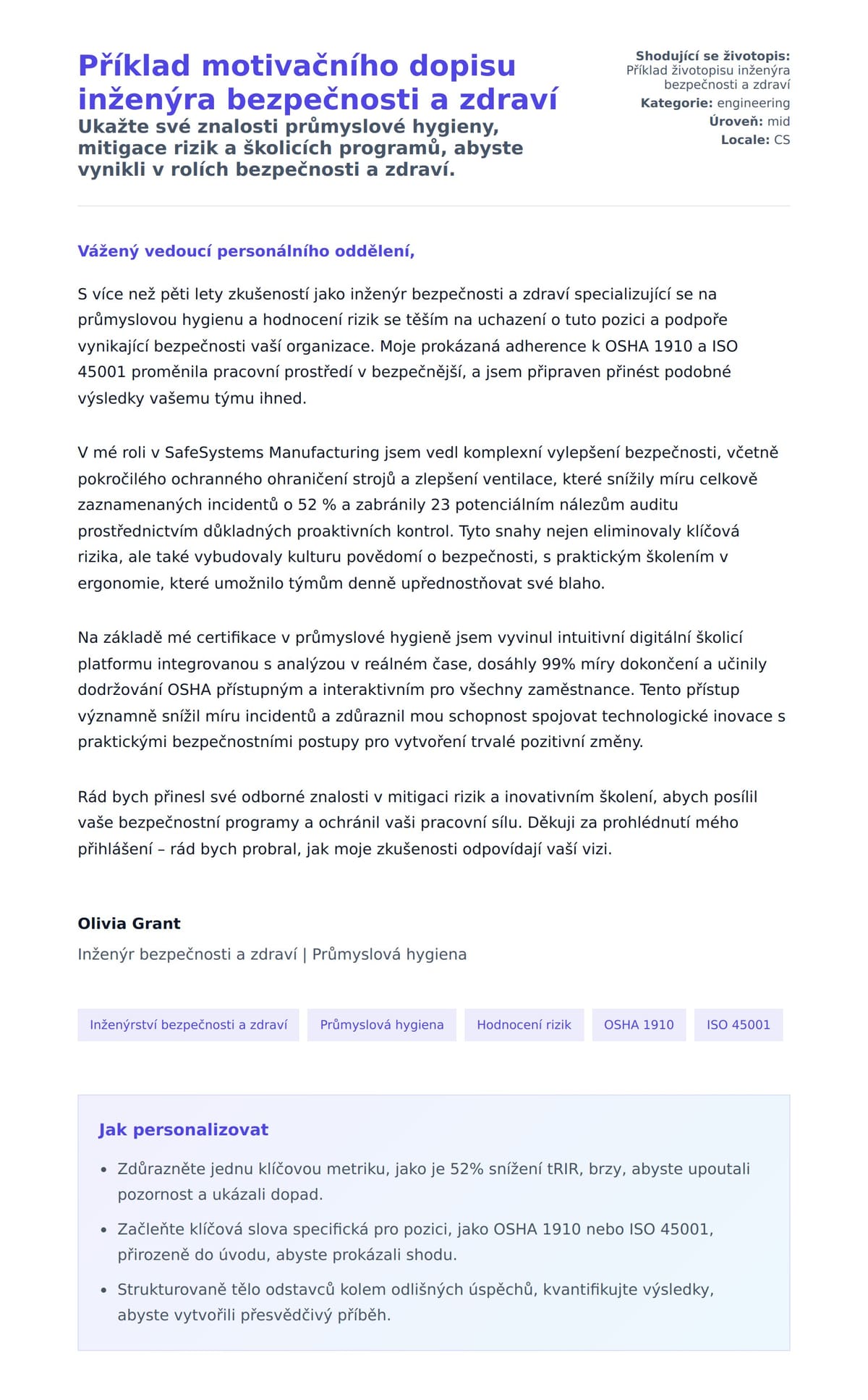 Náhled motivačního dopisu pro Příklad motivačního dopisu inženýra bezpečnosti a zdraví