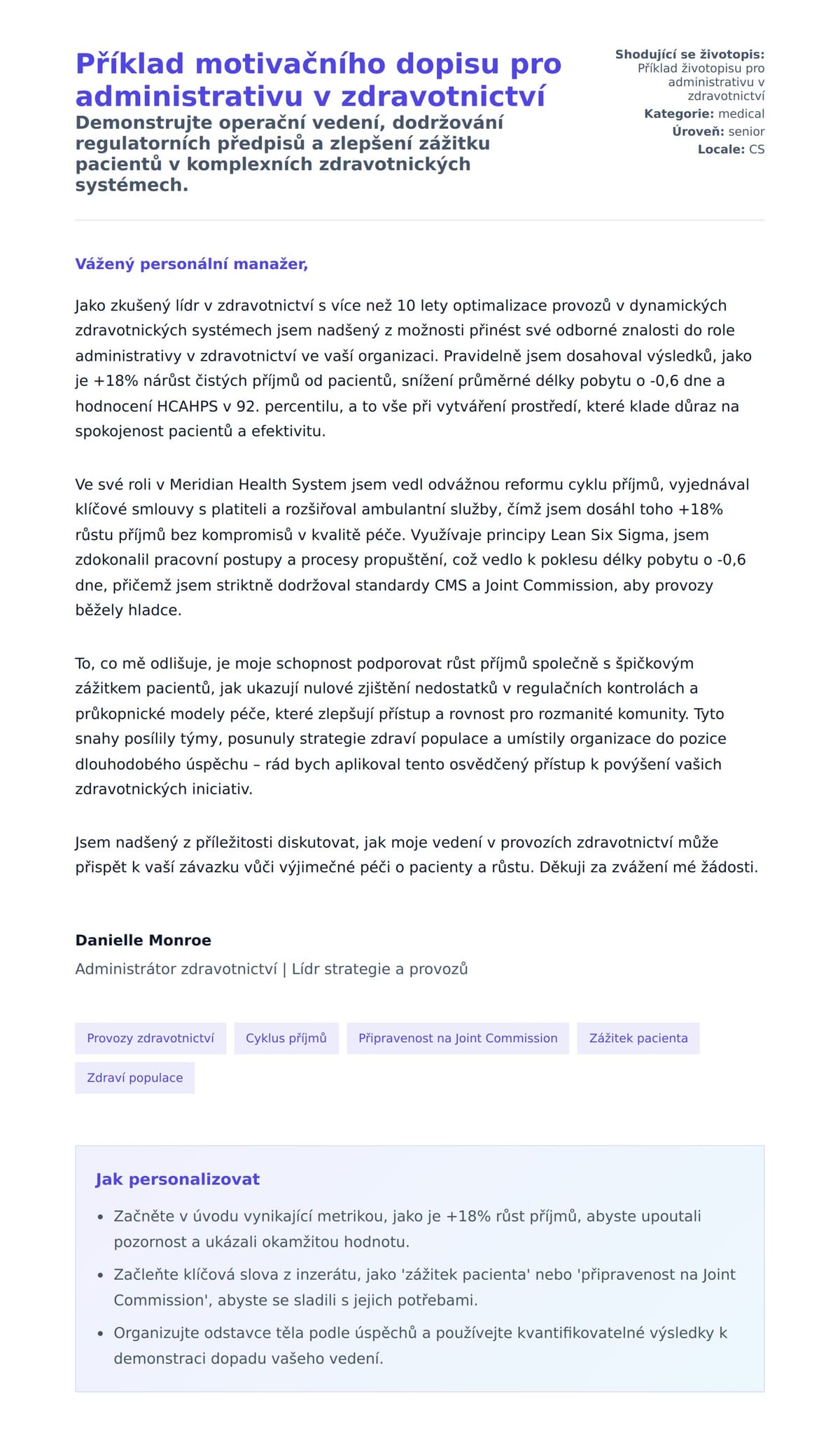 Náhled motivačního dopisu pro Příklad motivačního dopisu pro administrativu v zdravotnictví