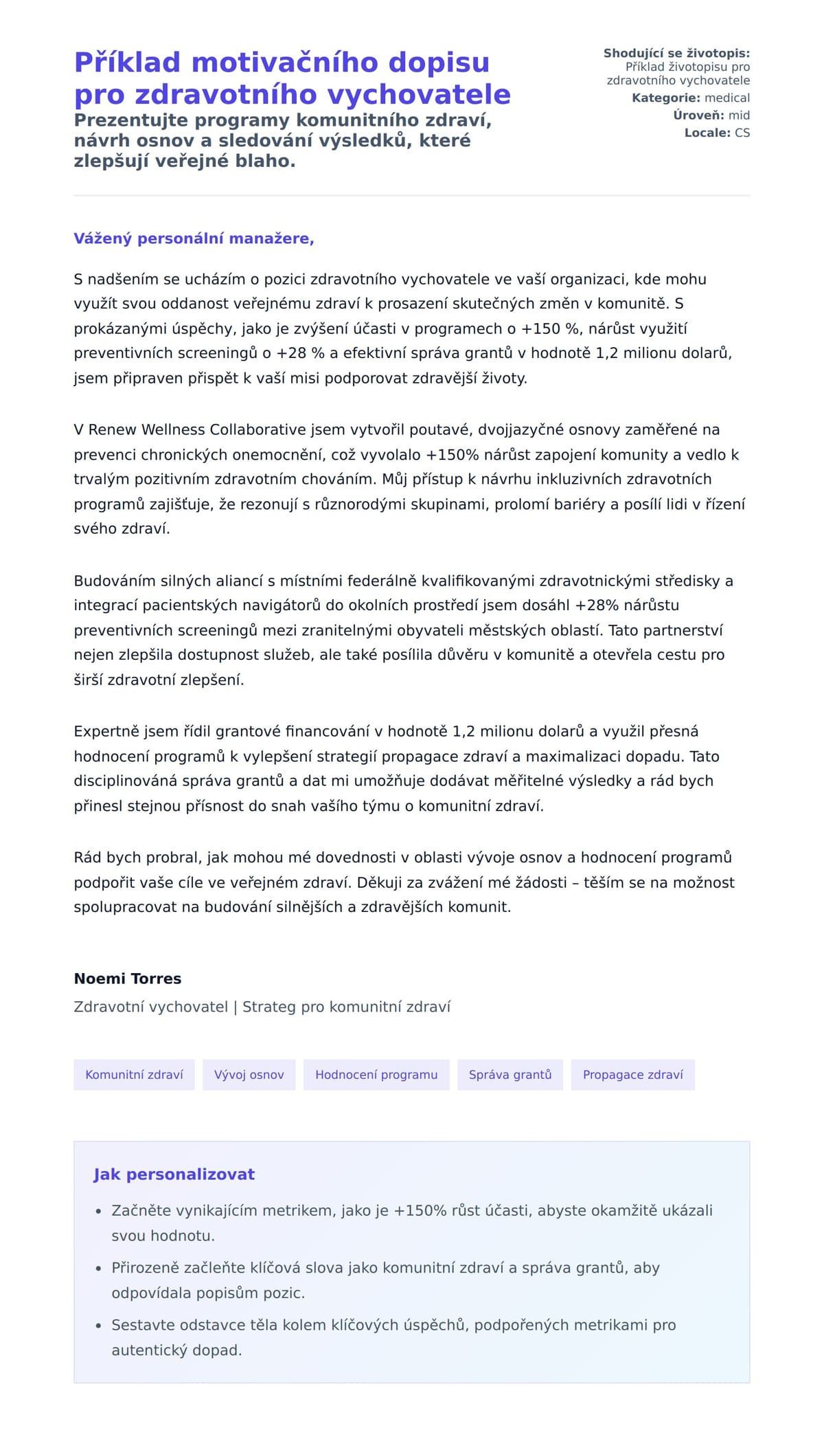 Náhled motivačního dopisu pro Příklad motivačního dopisu pro zdravotního vychovatele