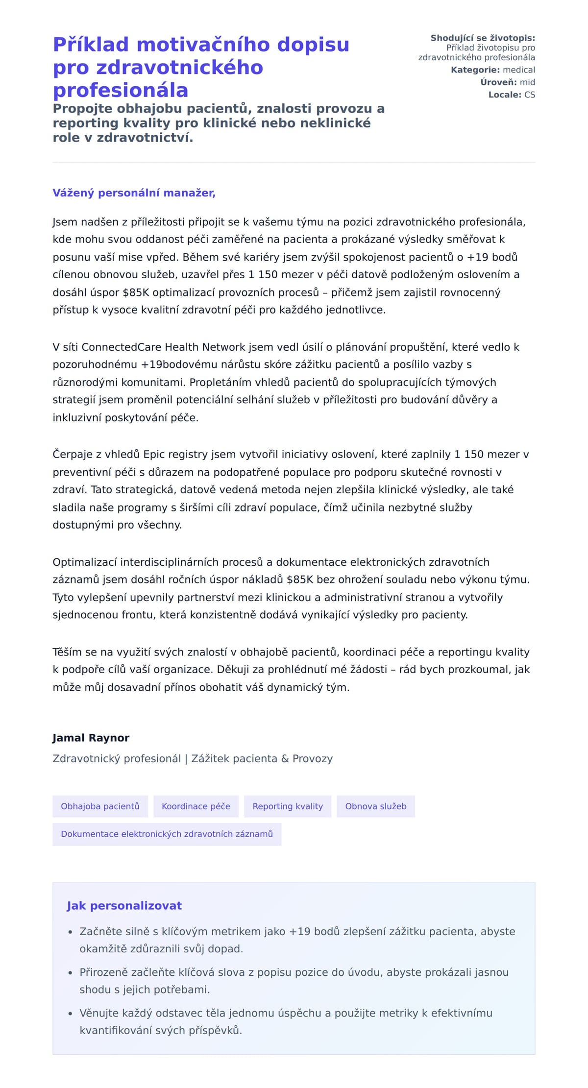 Náhled motivačního dopisu pro Příklad motivačního dopisu pro zdravotnického profesionála