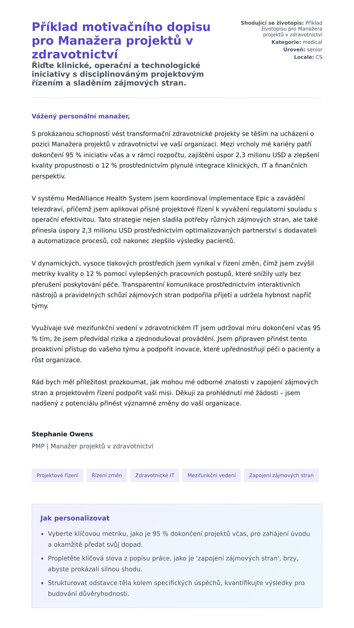 Náhled motivačního dopisu pro Příklad motivačního dopisu pro Manažera projektů v zdravotnictví