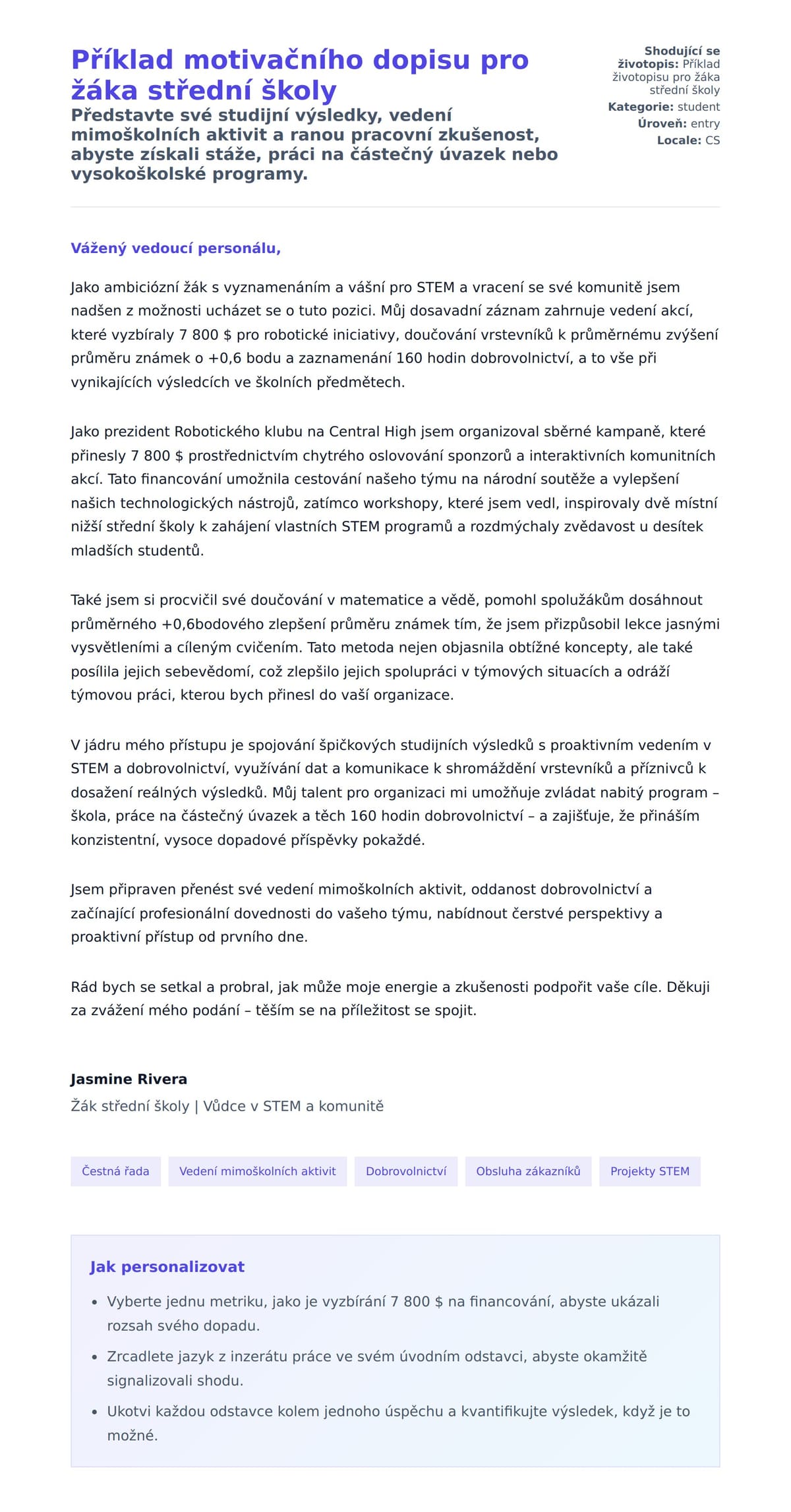 Náhled motivačního dopisu pro Příklad motivačního dopisu pro žáka střední školy
