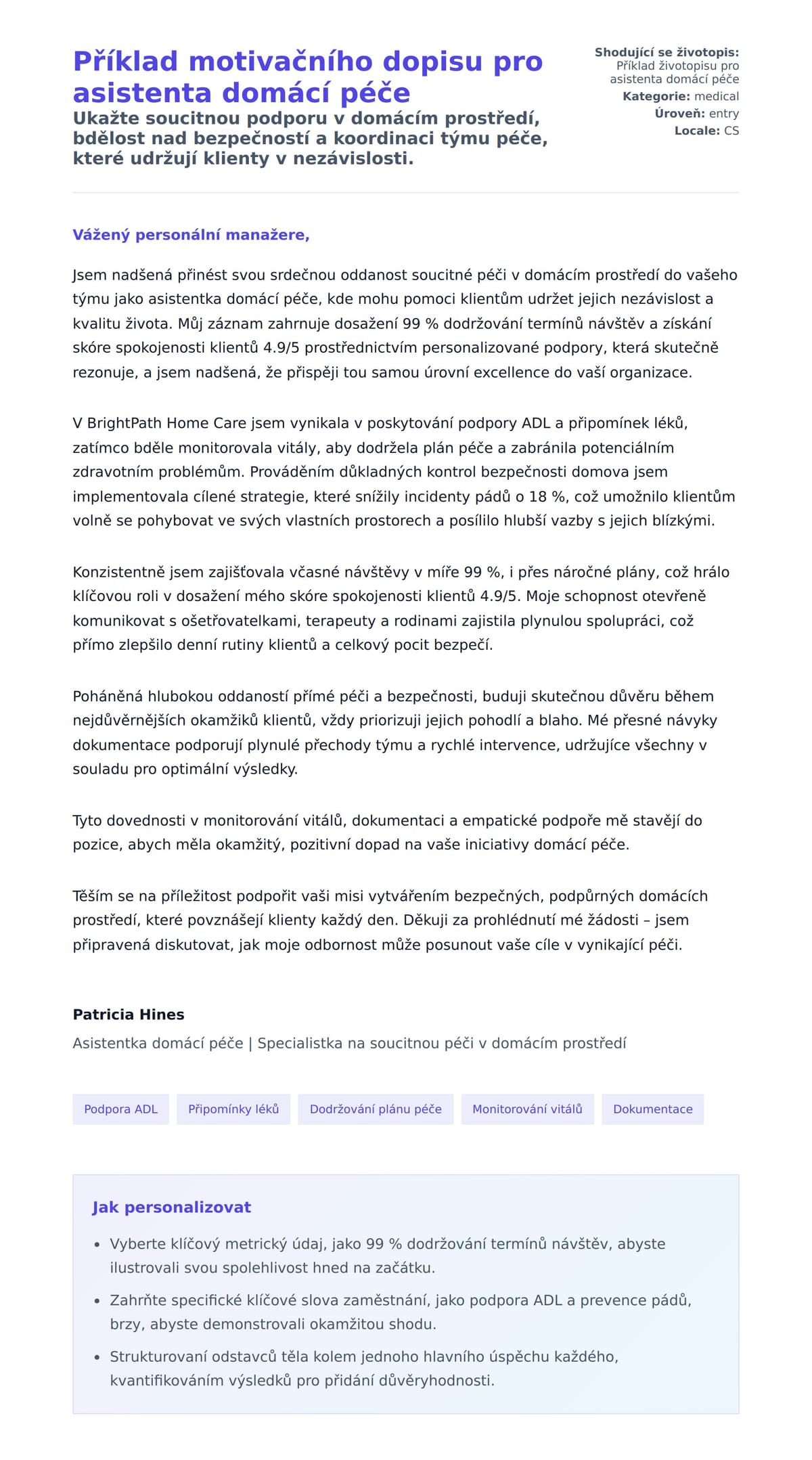 Náhled motivačního dopisu pro Příklad motivačního dopisu pro asistenta domácí péče