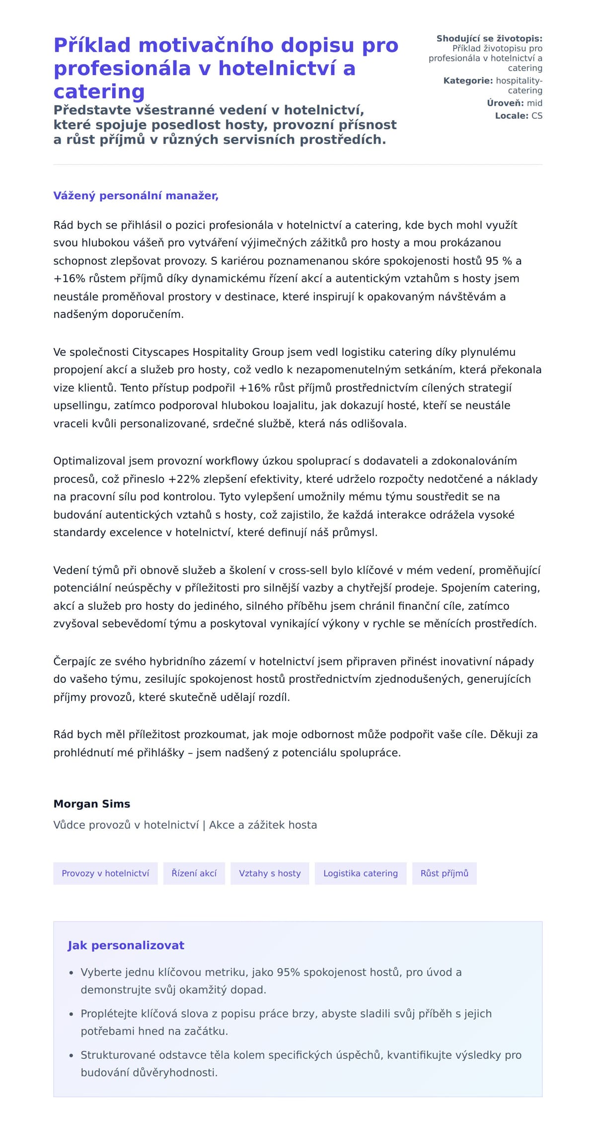 Náhled motivačního dopisu pro Příklad motivačního dopisu pro profesionála v hotelnictví a catering