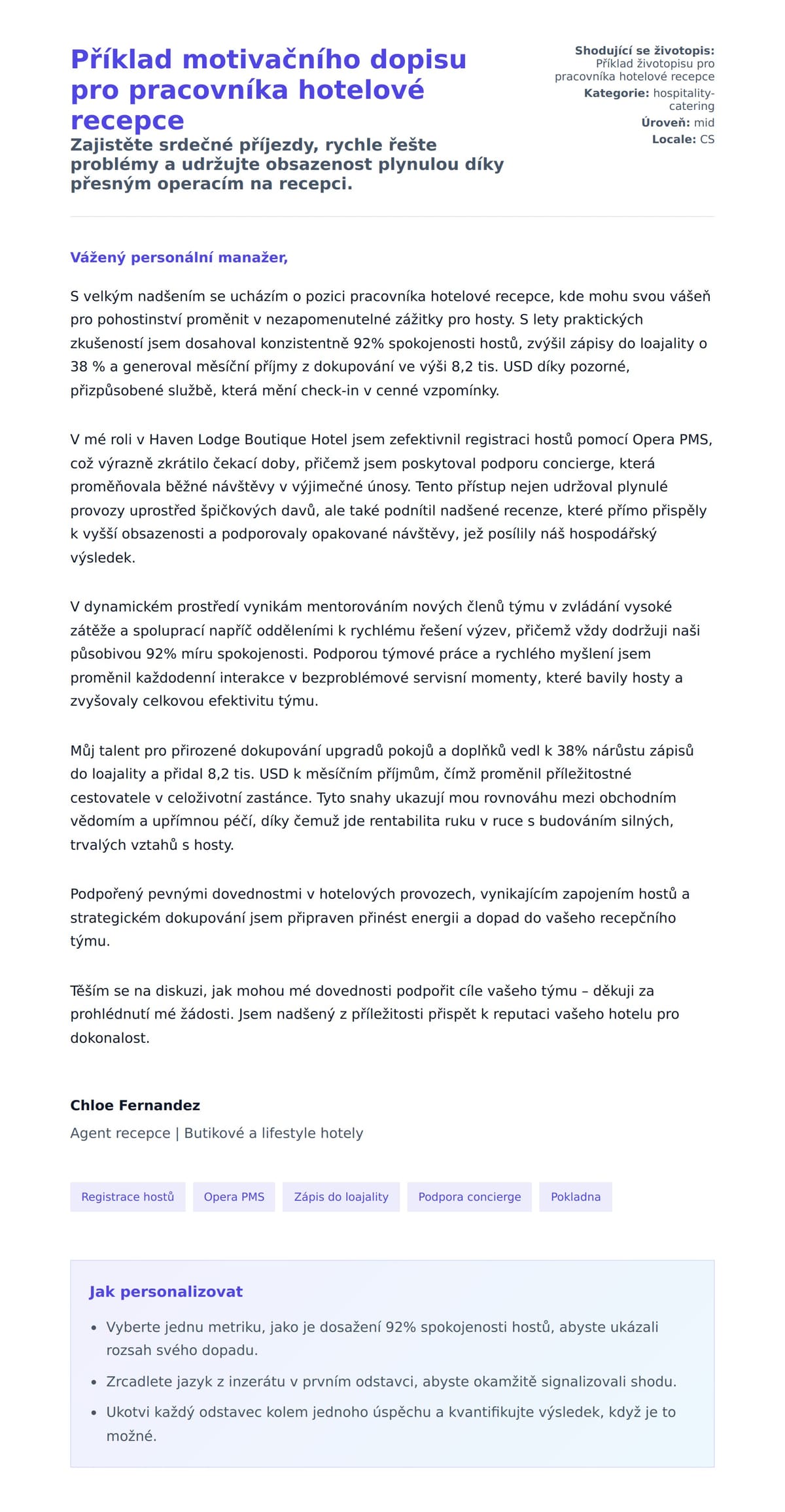 Náhled motivačního dopisu pro Příklad motivačního dopisu pro pracovníka hotelové recepce