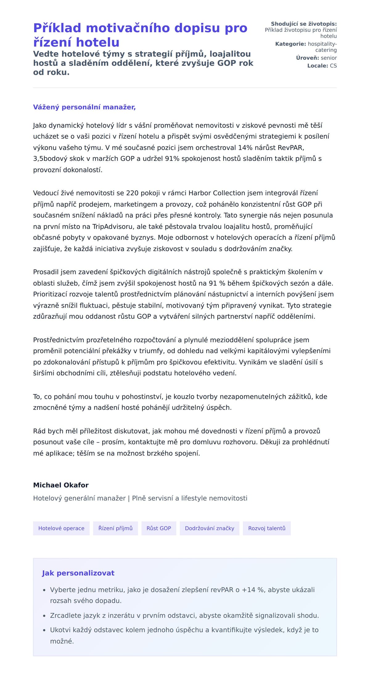 Náhled motivačního dopisu pro Příklad motivačního dopisu pro řízení hotelu