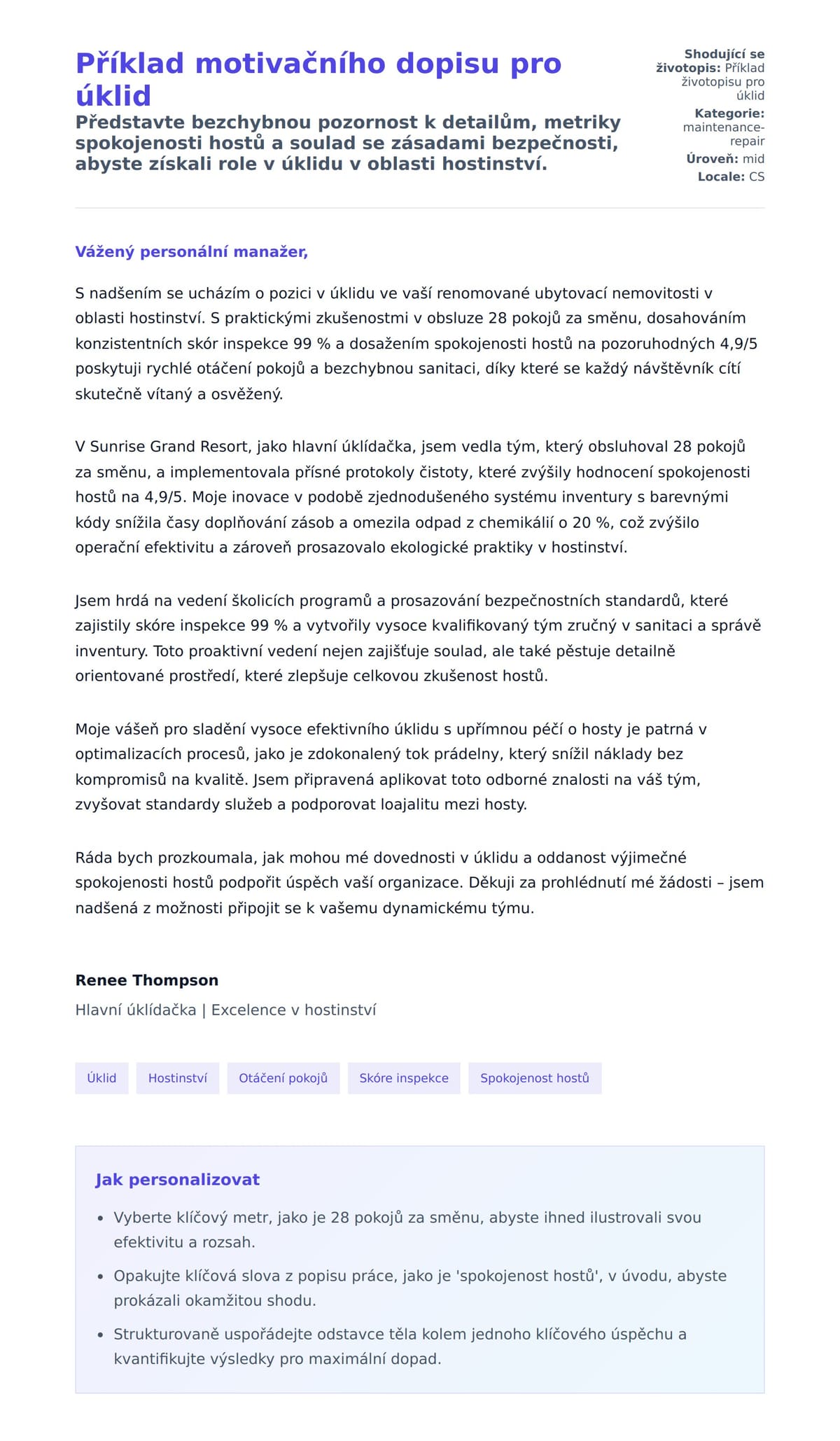 Náhled motivačního dopisu pro Příklad motivačního dopisu pro úklid