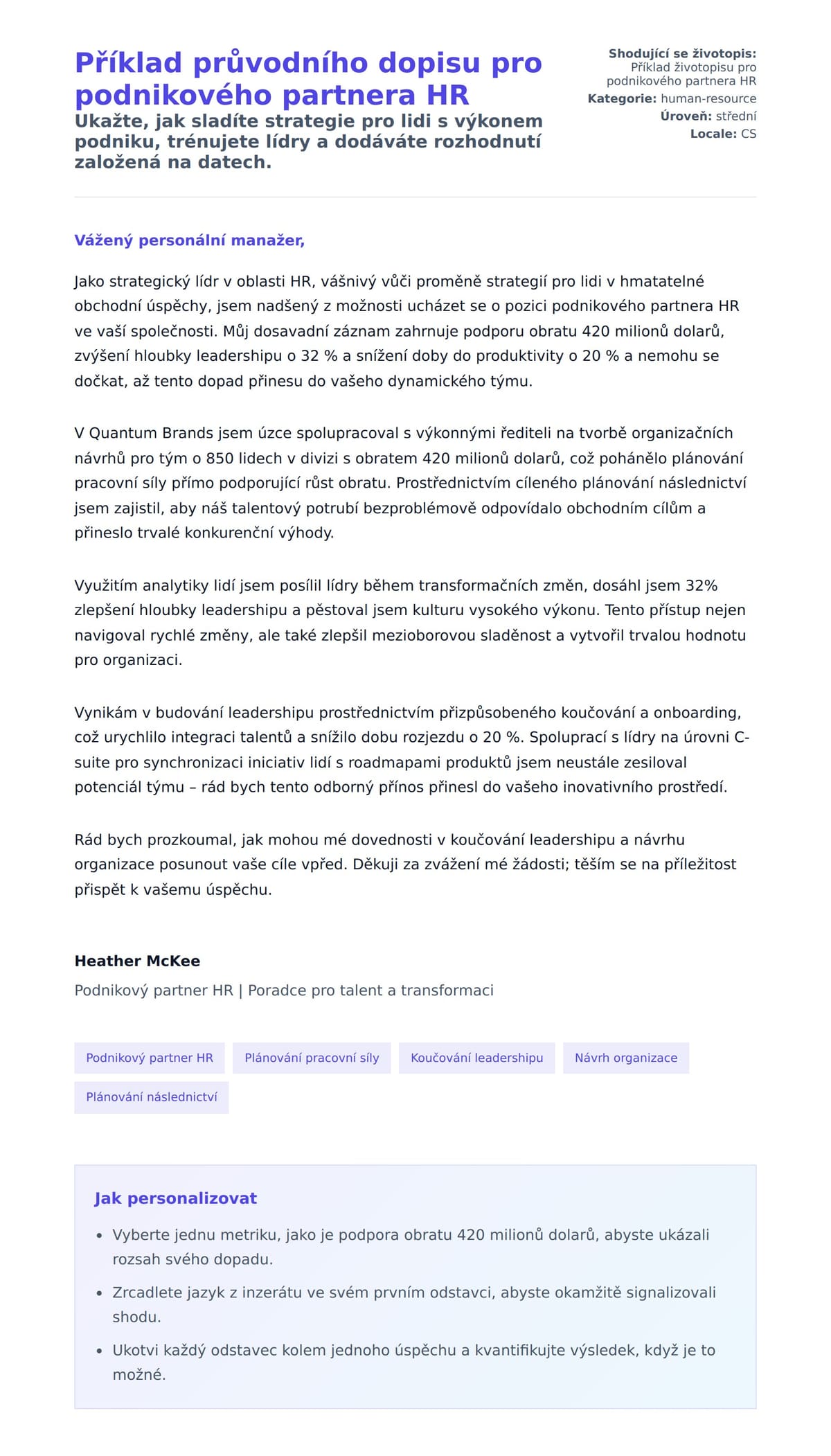 Náhled motivačního dopisu pro Příklad průvodního dopisu pro podnikového partnera HR