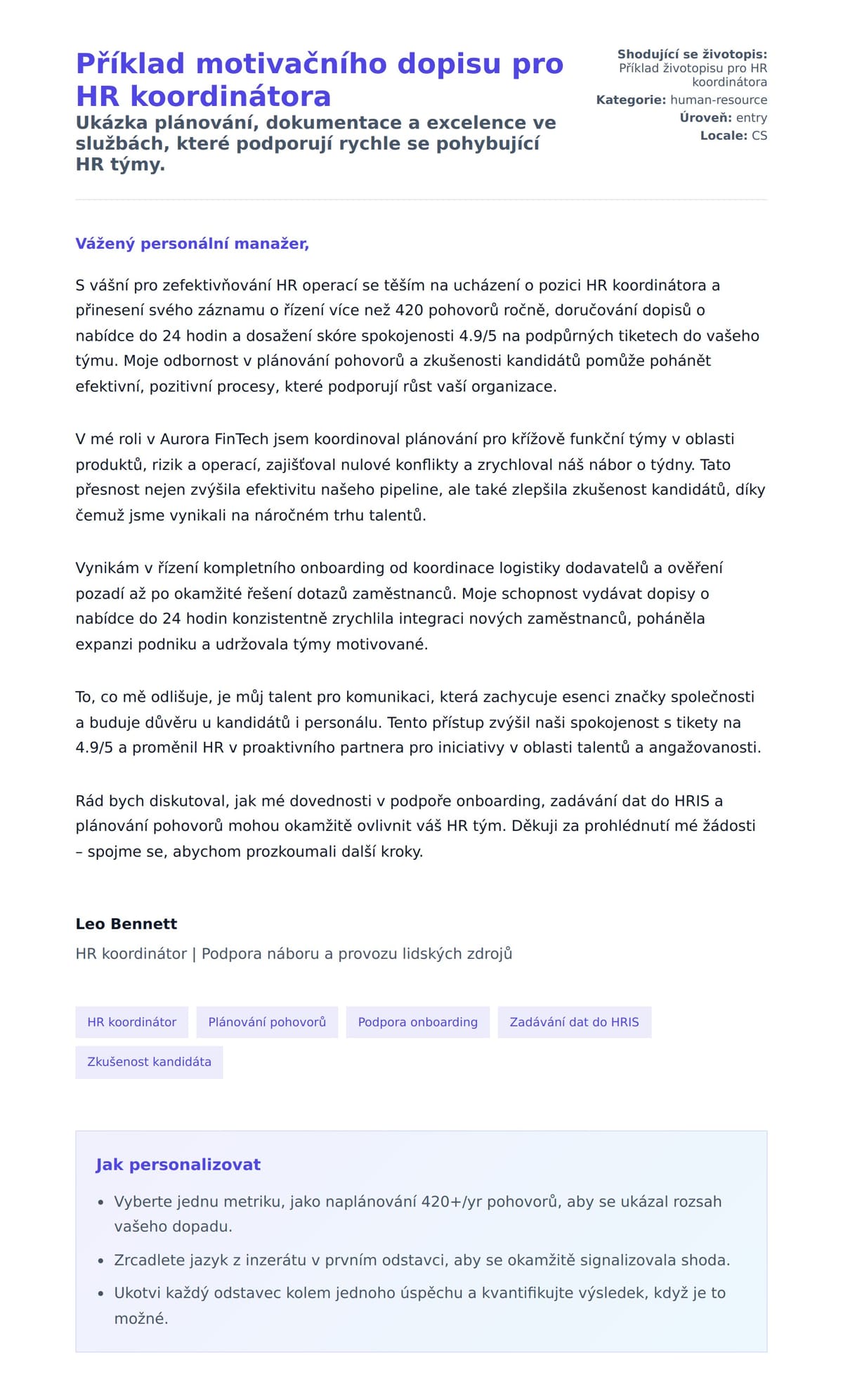 Náhled motivačního dopisu pro Příklad motivačního dopisu pro HR koordinátora