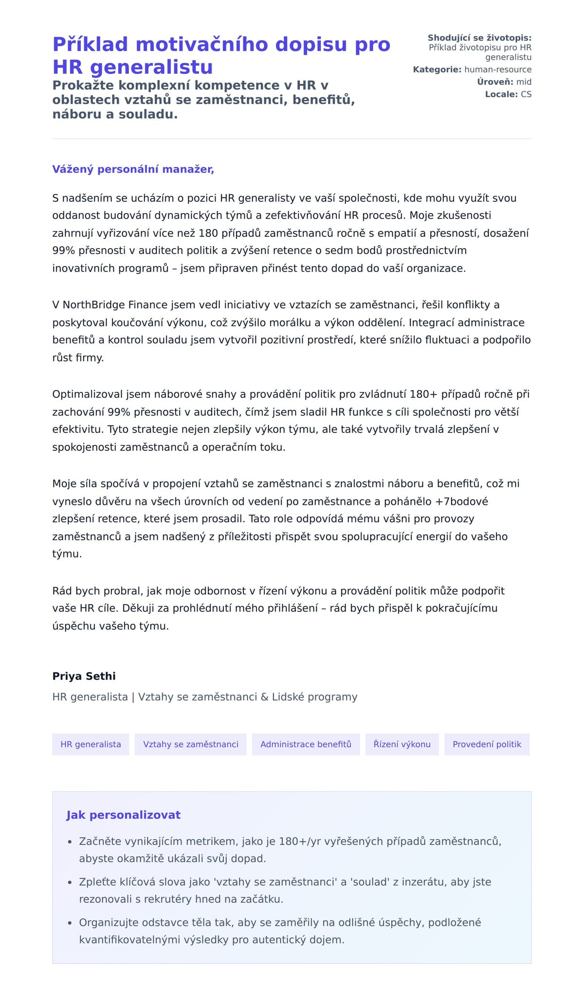 Náhled motivačního dopisu pro Příklad motivačního dopisu pro HR generalistu