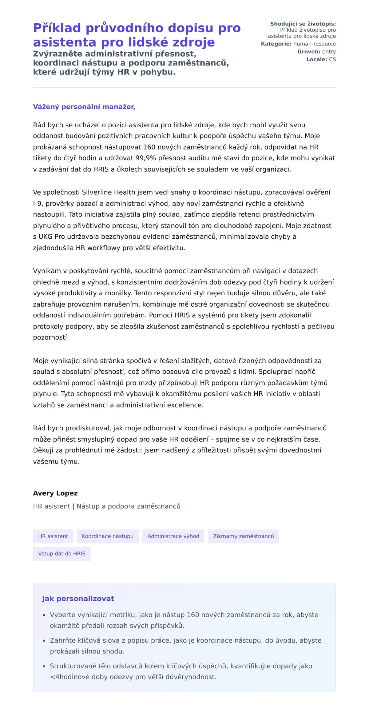 Náhled motivačního dopisu pro Příklad průvodního dopisu pro asistenta pro lidské zdroje