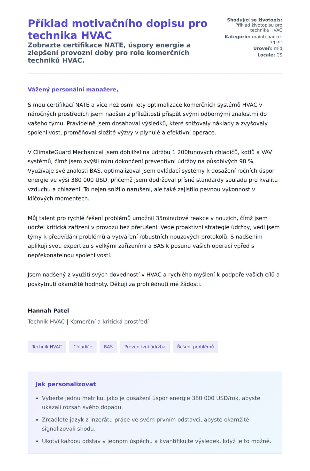 Náhled motivačního dopisu pro Příklad motivačního dopisu pro technika HVAC