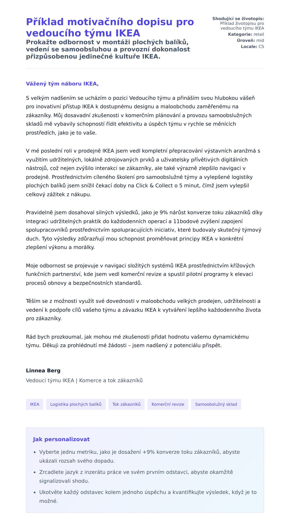 Náhled motivačního dopisu pro Příklad motivačního dopisu pro vedoucího týmu IKEA