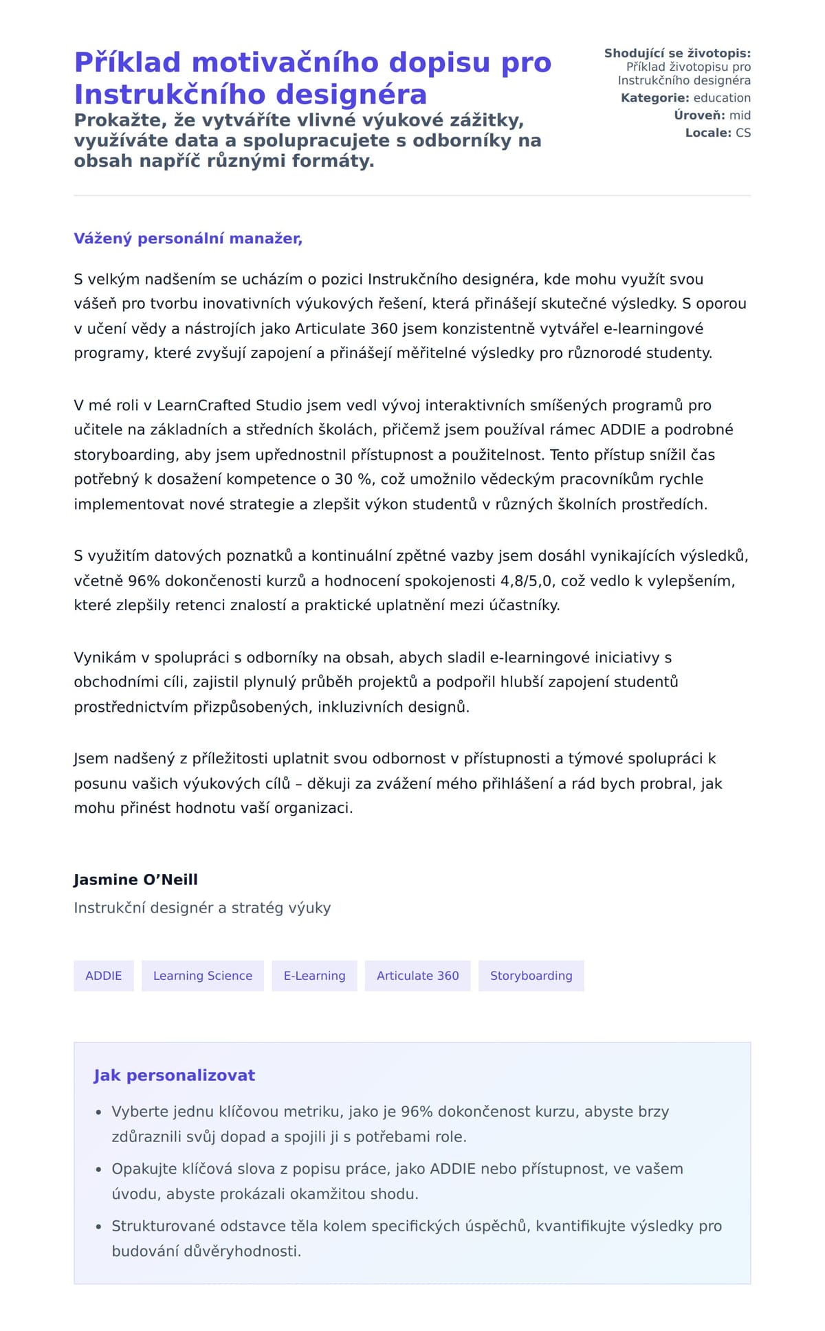 Náhled motivačního dopisu pro Příklad motivačního dopisu pro Instrukčního designéra