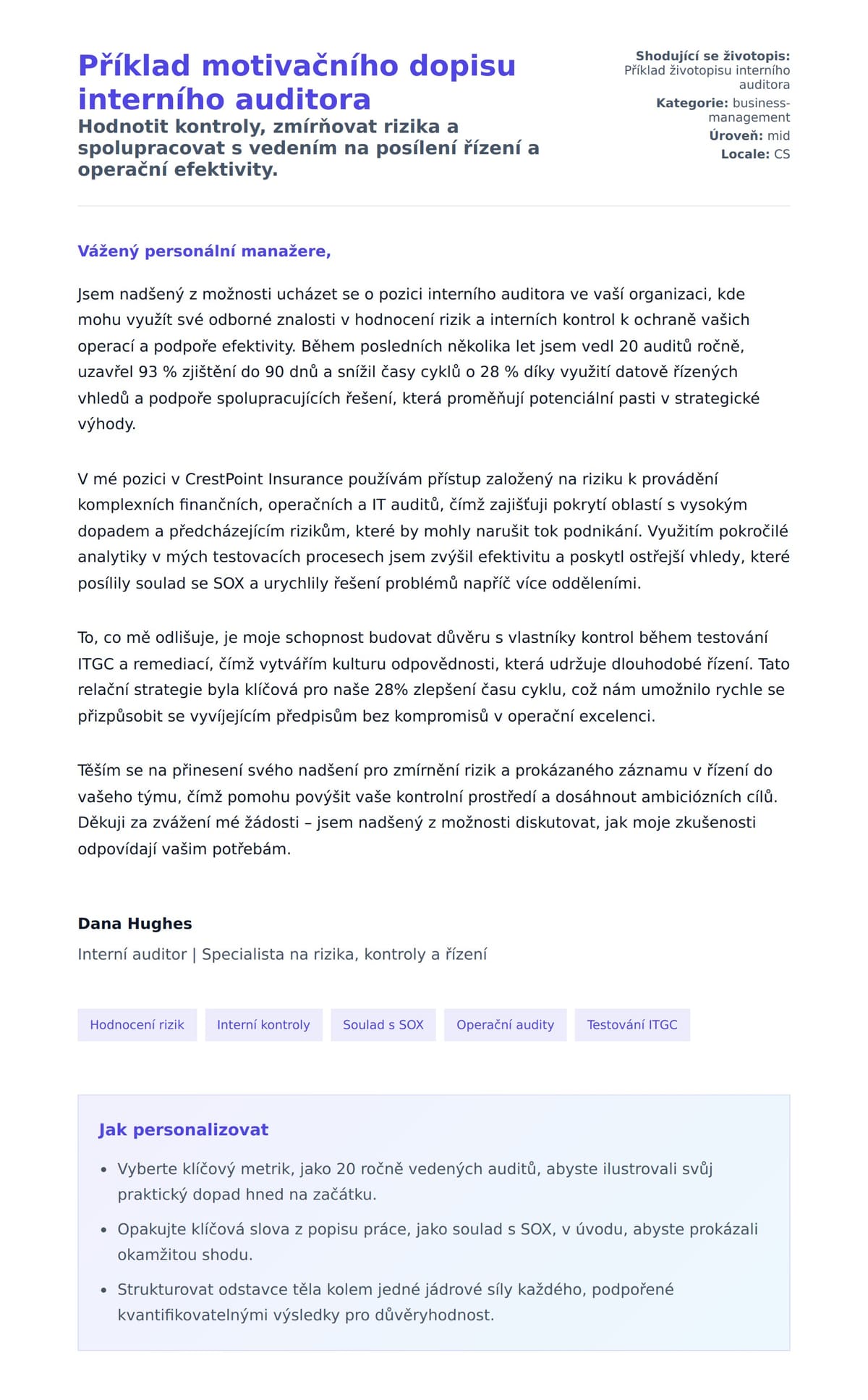 Náhled motivačního dopisu pro Příklad motivačního dopisu interního auditora