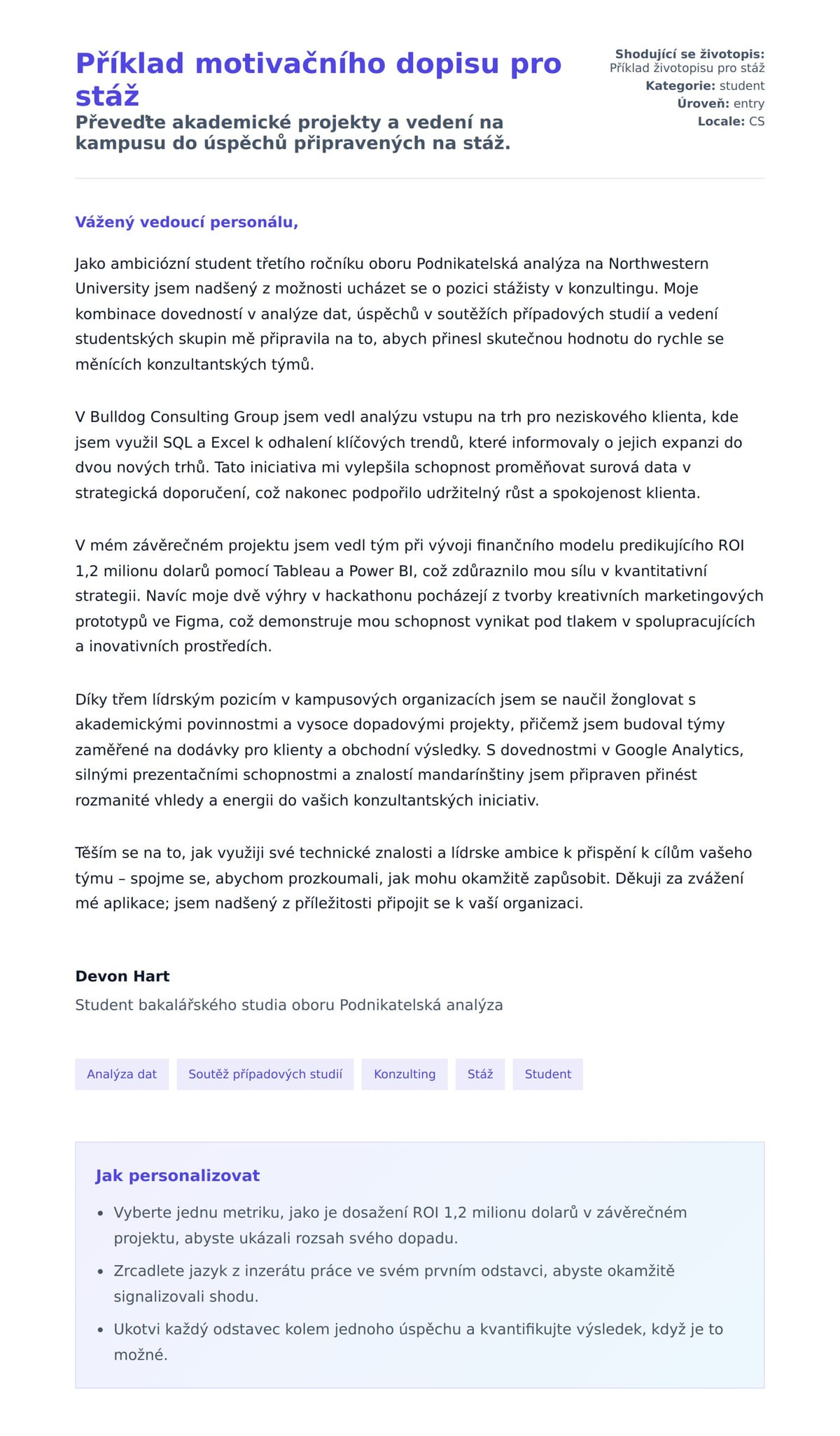 Náhled motivačního dopisu pro Příklad motivačního dopisu pro stáž