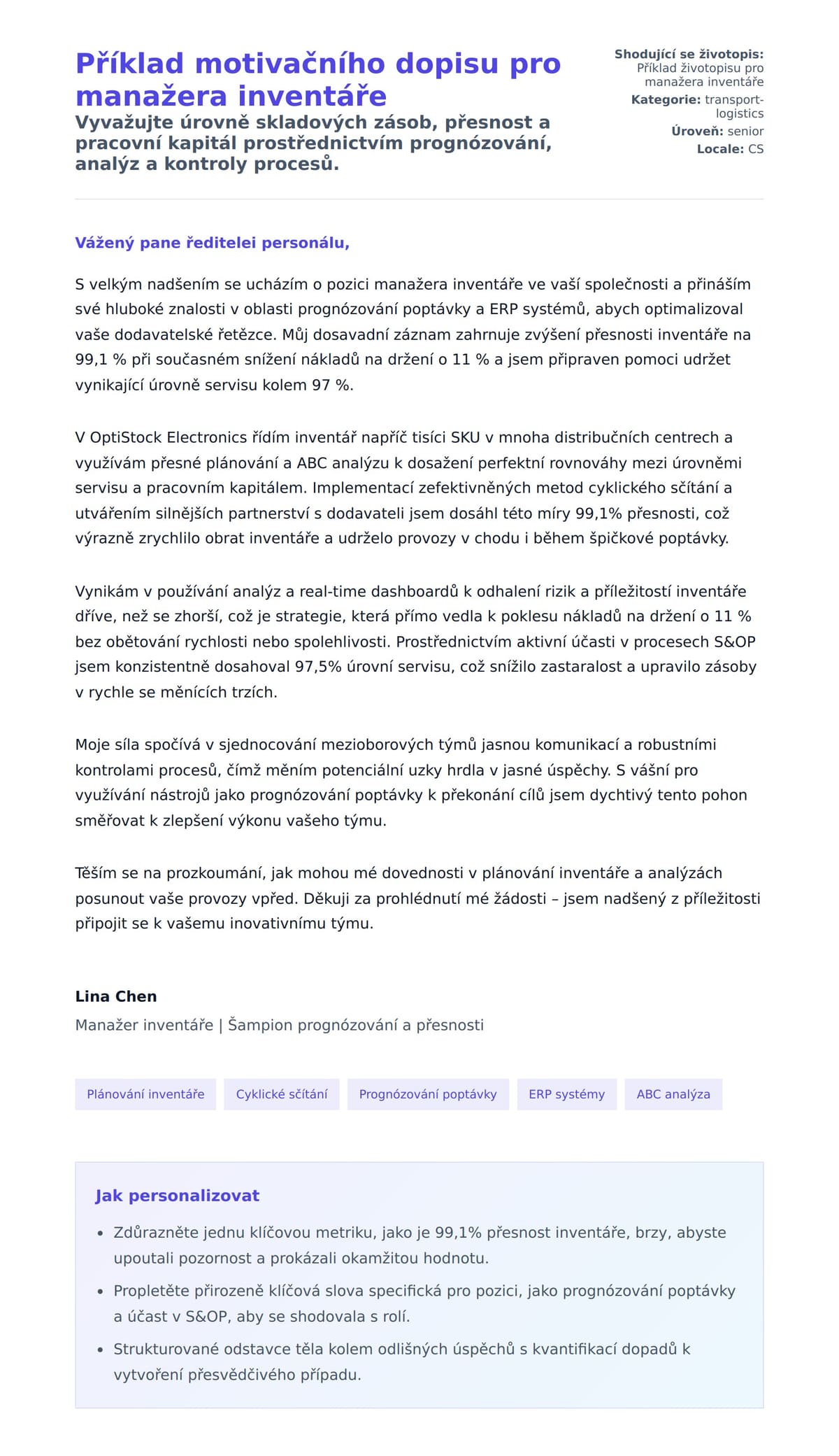 Náhled motivačního dopisu pro Příklad motivačního dopisu pro manažera inventáře