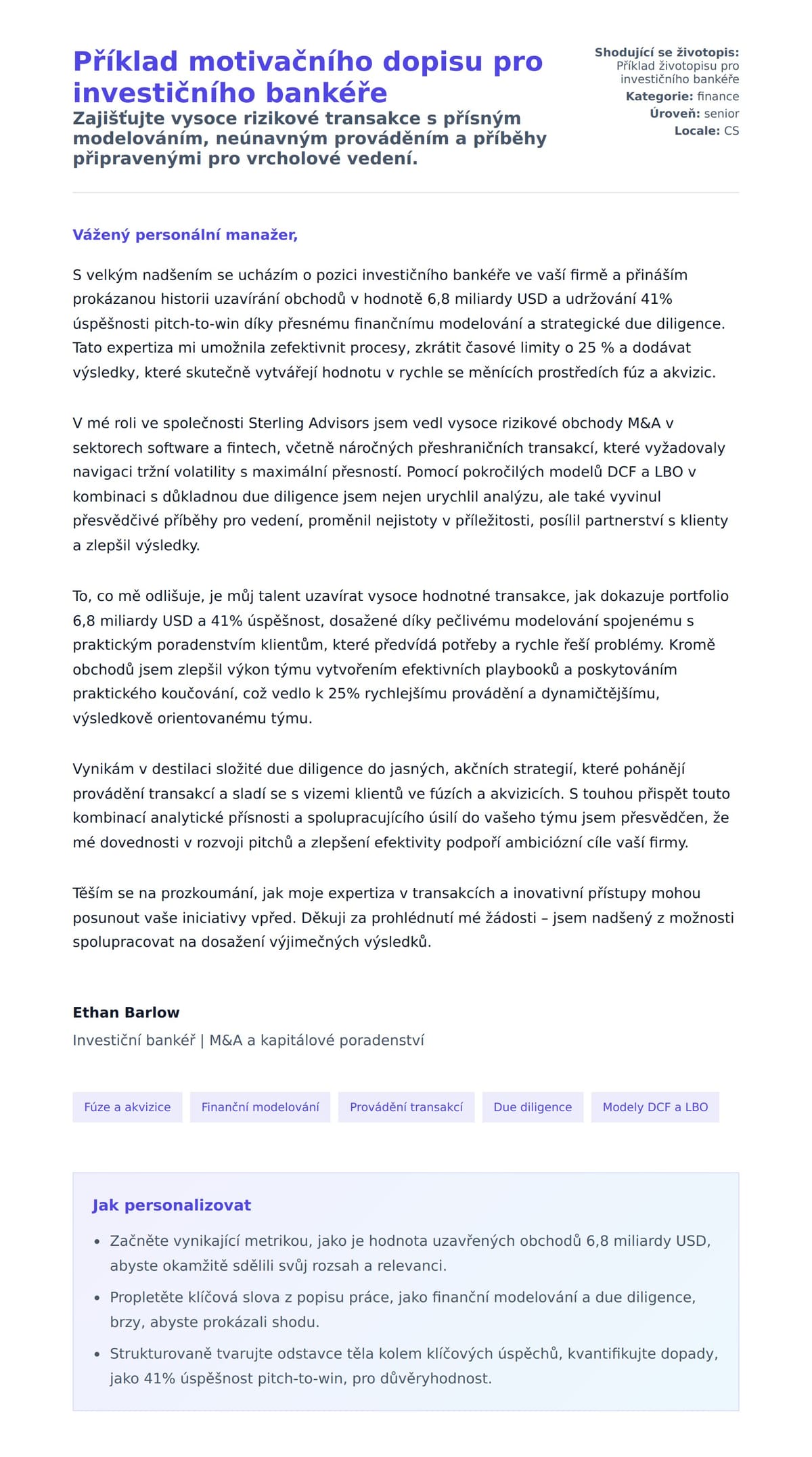 Náhled motivačního dopisu pro Příklad motivačního dopisu pro investičního bankéře