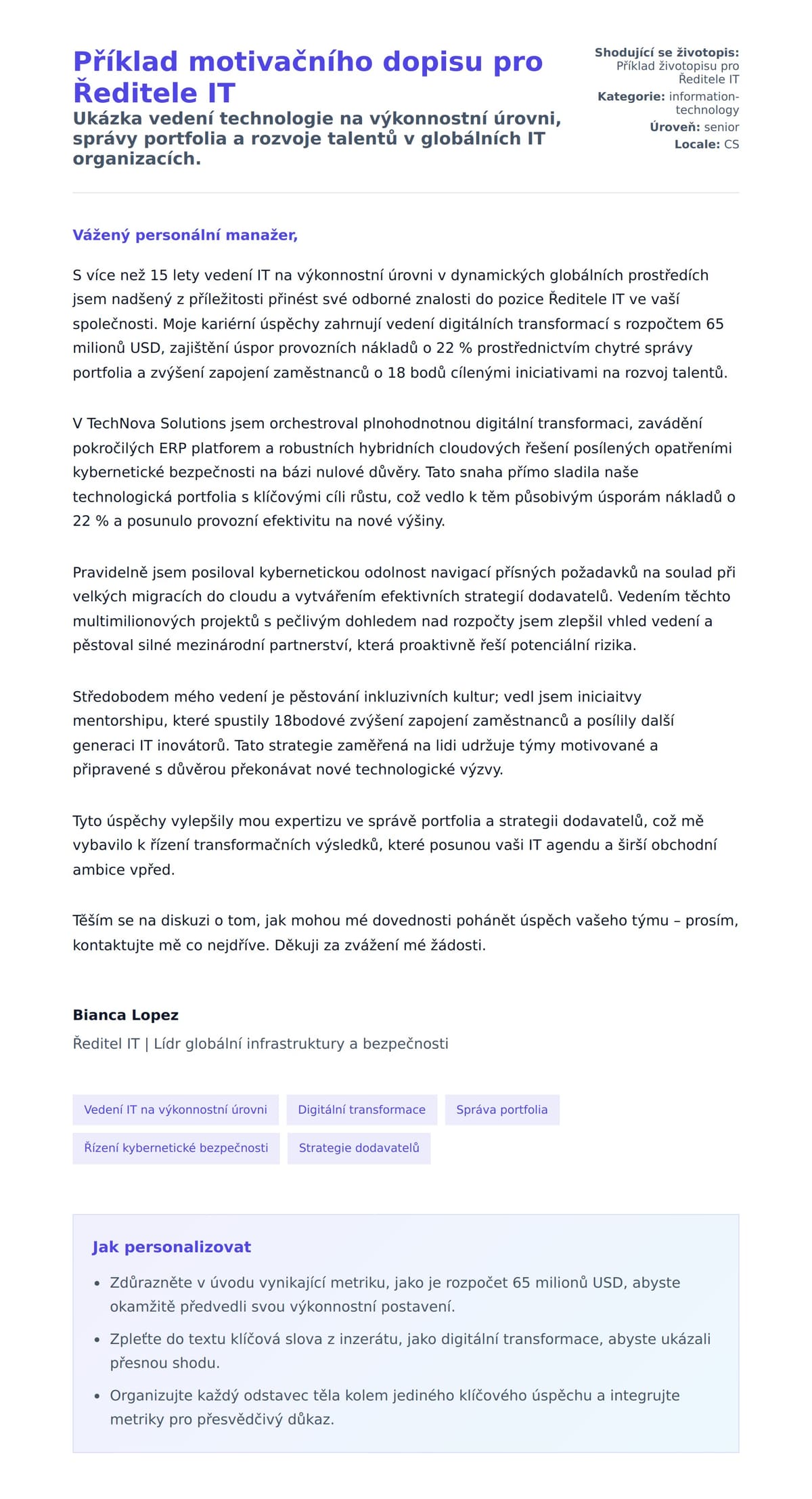 Náhled motivačního dopisu pro Příklad motivačního dopisu pro Ředitele IT