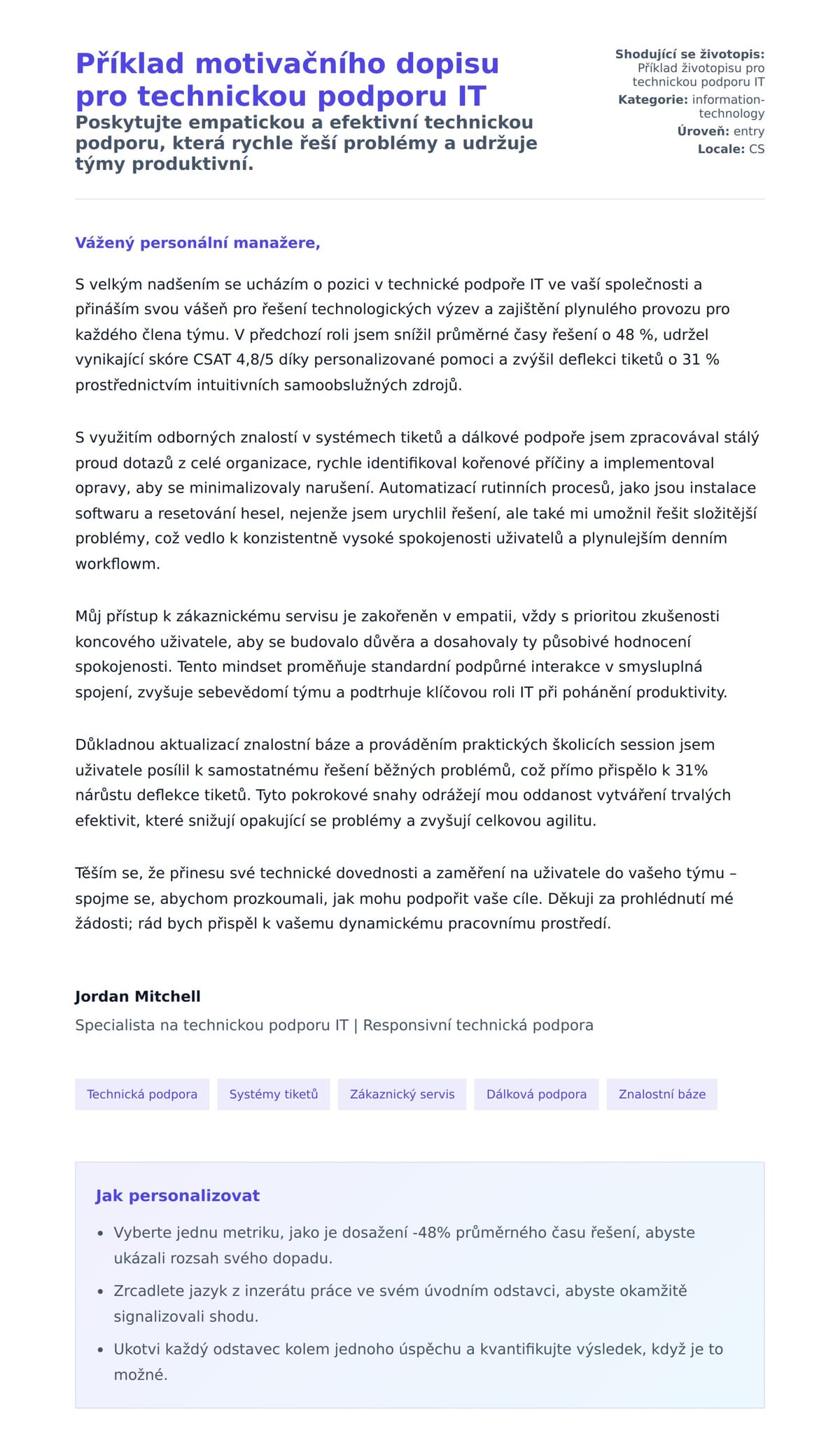 Náhled motivačního dopisu pro Příklad motivačního dopisu pro technickou podporu IT