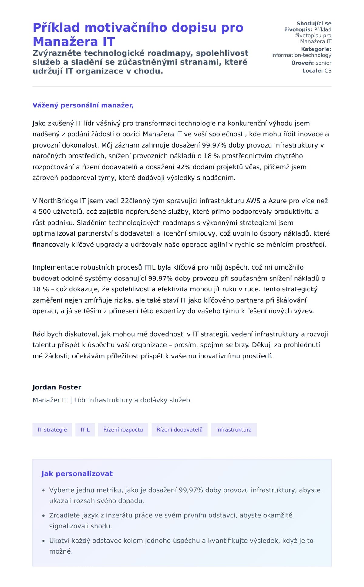 Náhled motivačního dopisu pro Příklad motivačního dopisu pro Manažera IT