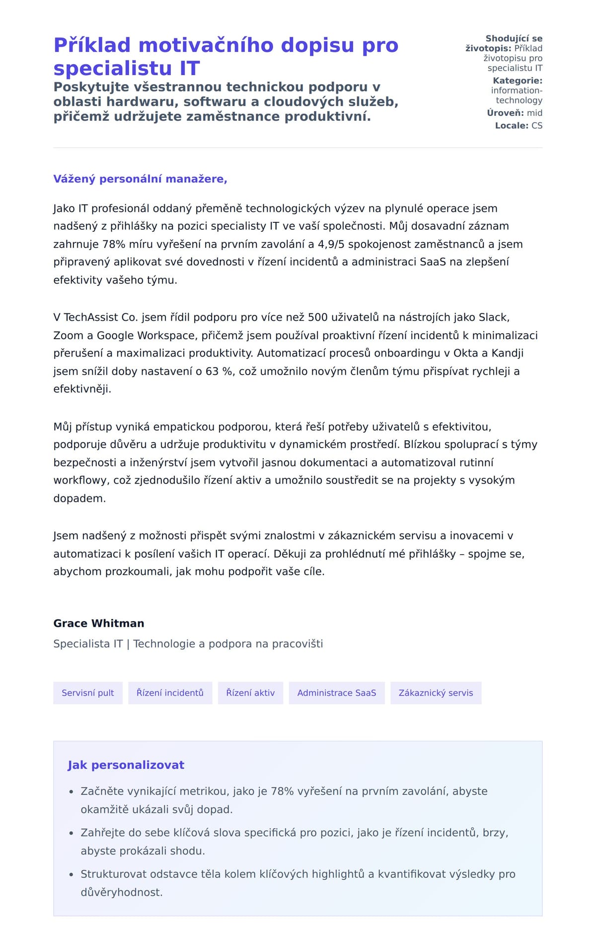 Náhled motivačního dopisu pro Příklad motivačního dopisu pro specialistu IT