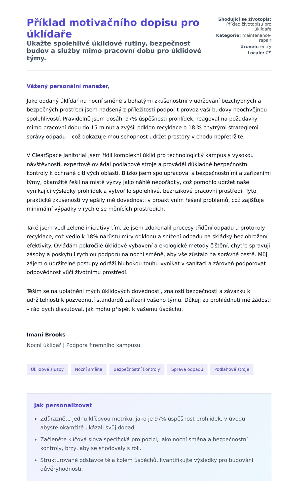 Náhled motivačního dopisu pro Příklad motivačního dopisu pro úklídaře