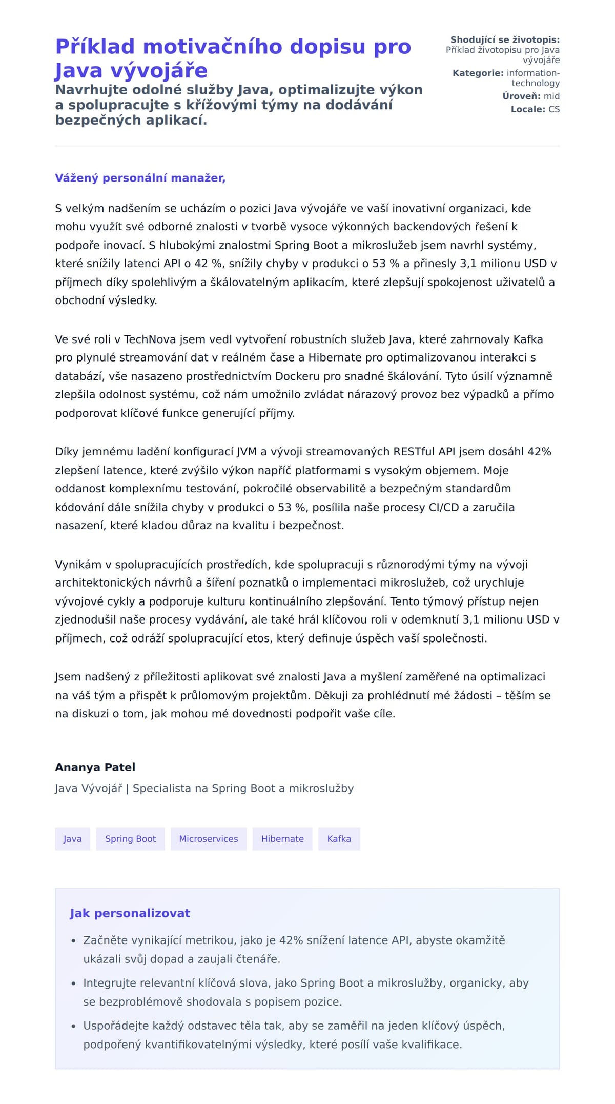 Náhled motivačního dopisu pro Příklad motivačního dopisu pro Java vývojáře
