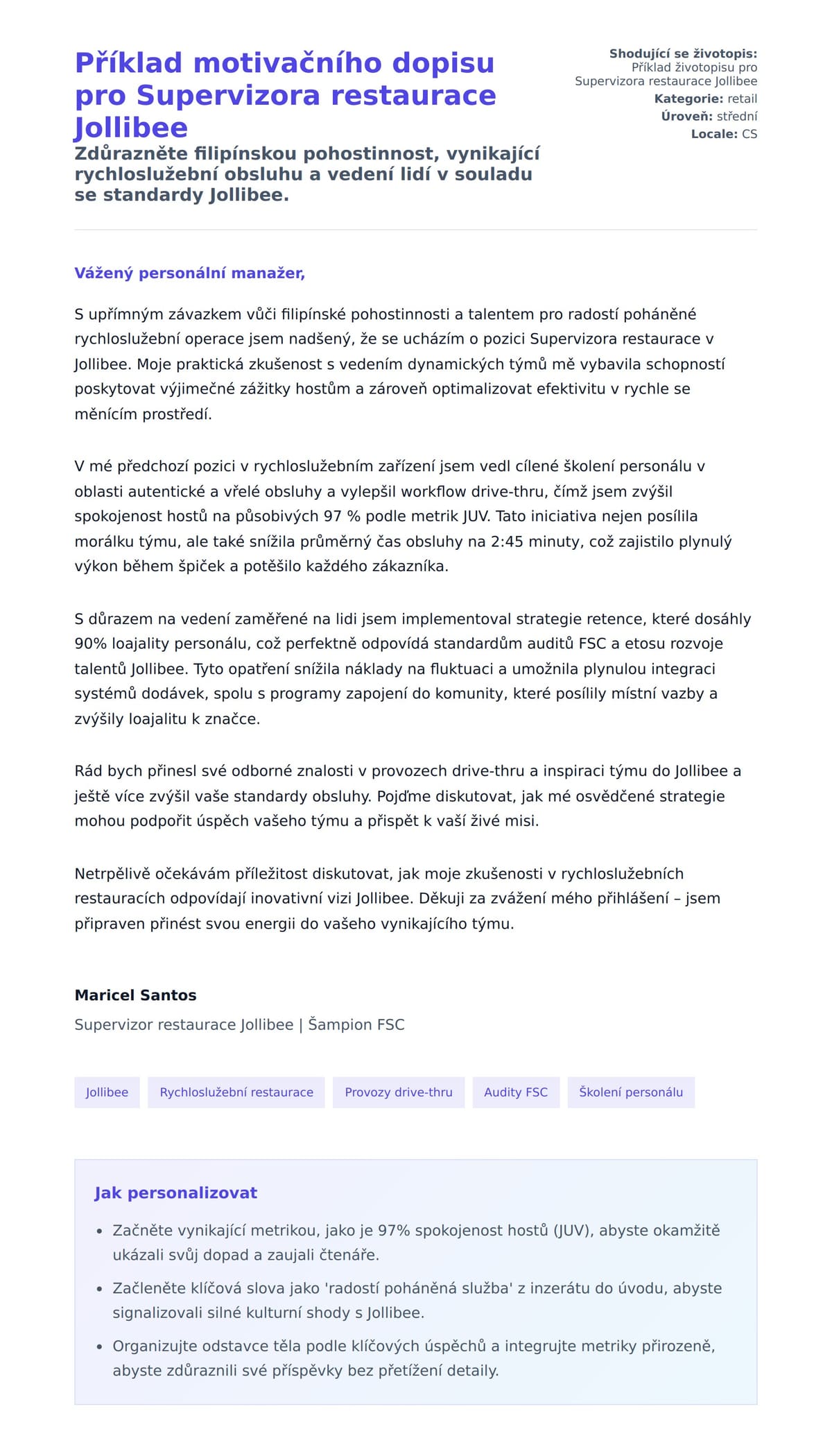 Náhled motivačního dopisu pro Příklad motivačního dopisu pro Supervizora restaurace Jollibee