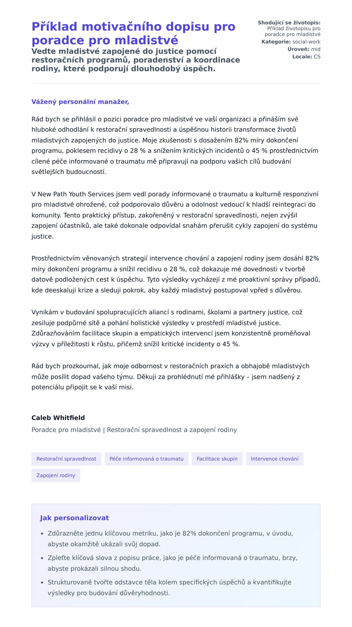 Náhled motivačního dopisu pro Příklad motivačního dopisu pro poradce pro mladistvé